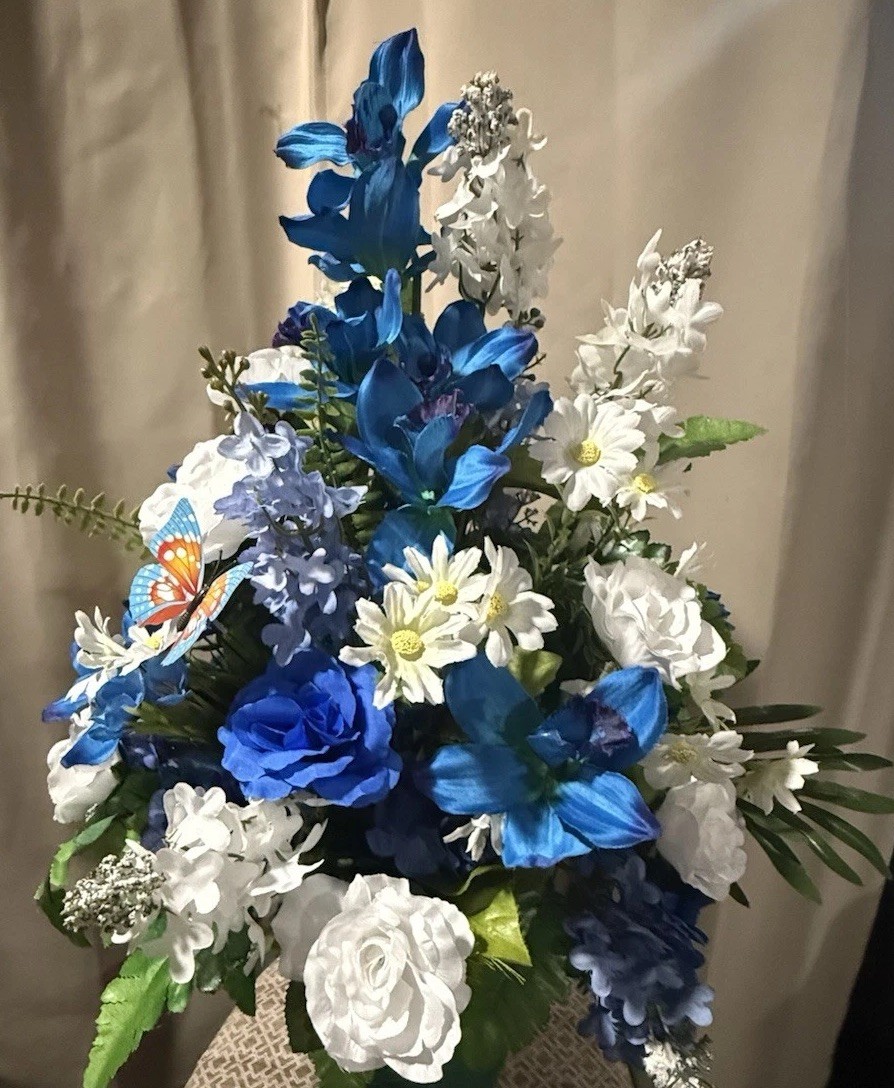 Cemetery Flowers Sympathy Grave Artificial Arrangement For Grave Blue Orchid