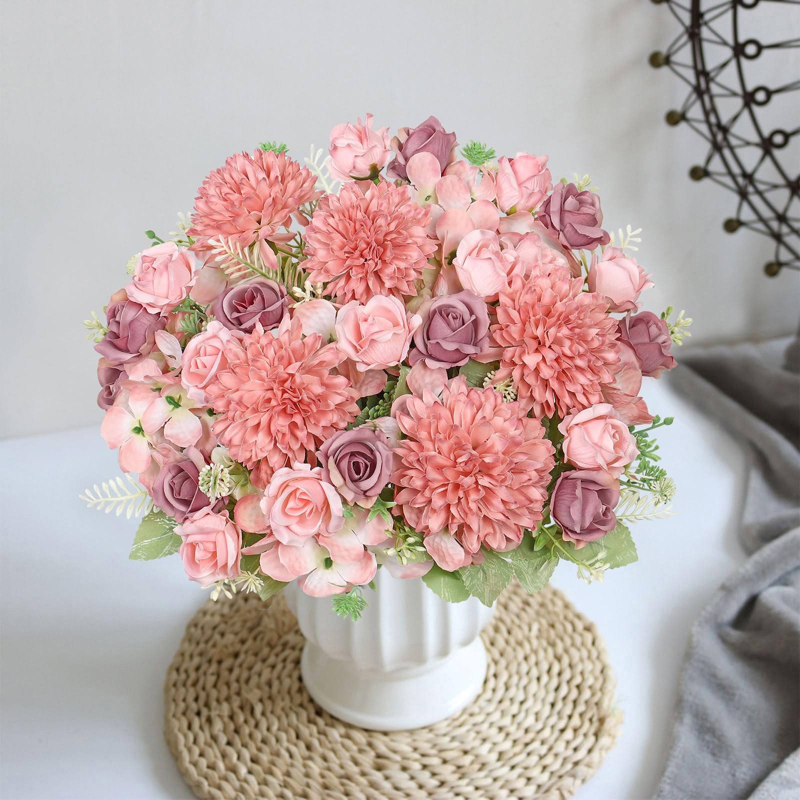 4 PCS Artificial Peonies Pink Faux Peony Bouquet Silk Floral Arrangements