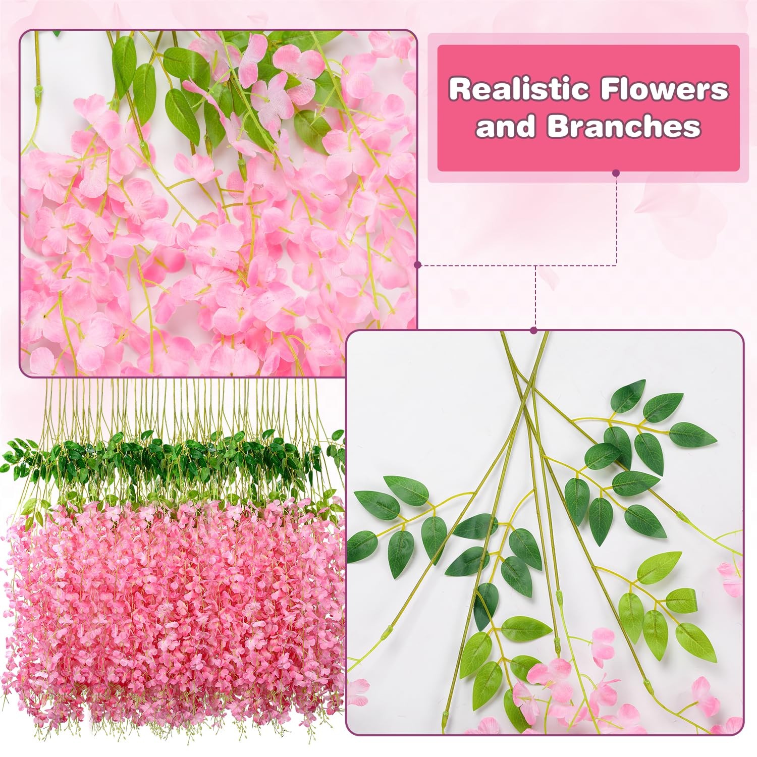 12 Pack Pink Silk Wisteria Hanging Flowers 3.6 Ft Garland Wedding Arch Decor