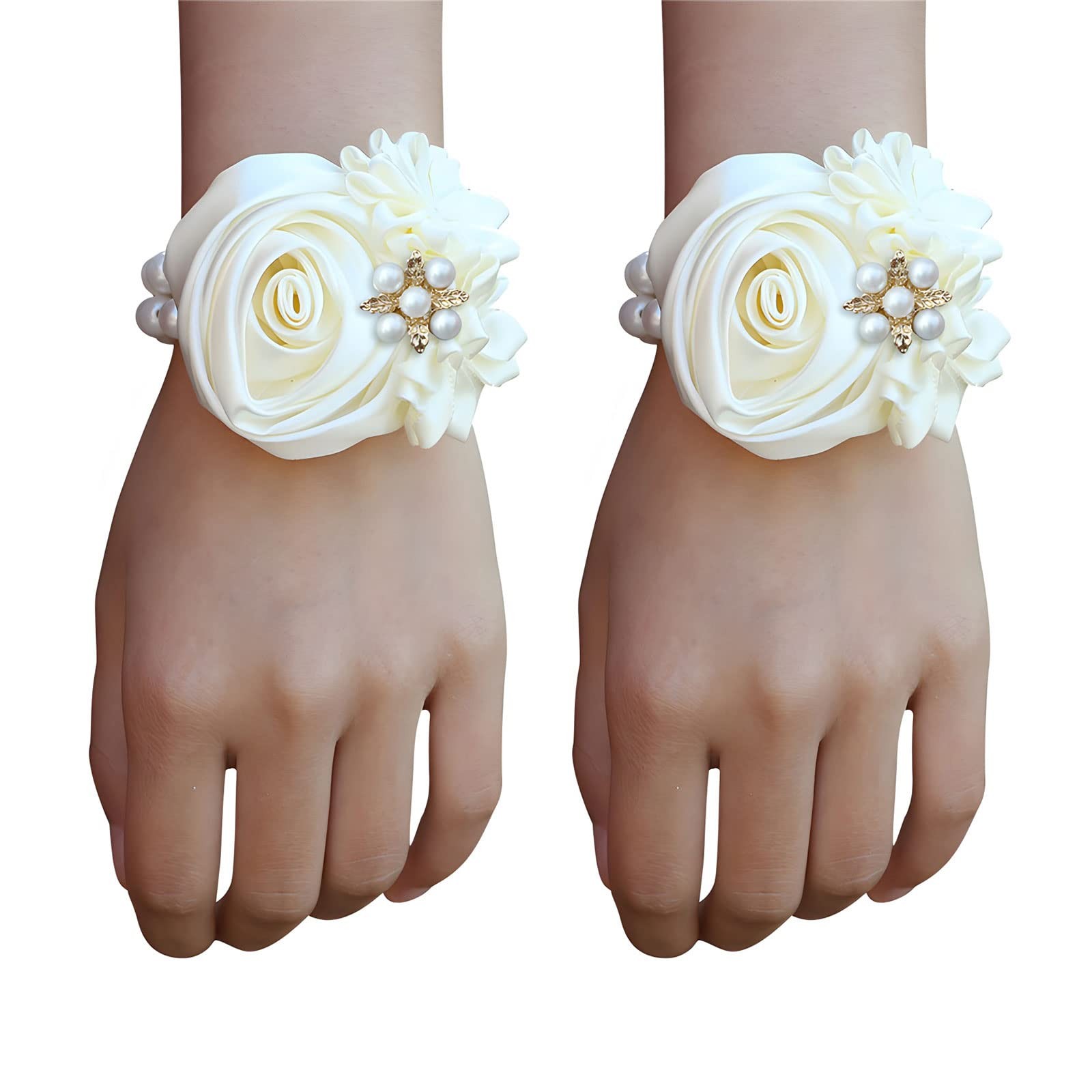 2 PCS Satin Rose Bridal Wrist Corsage Hand Flower Wedding Prom Ivory Decor