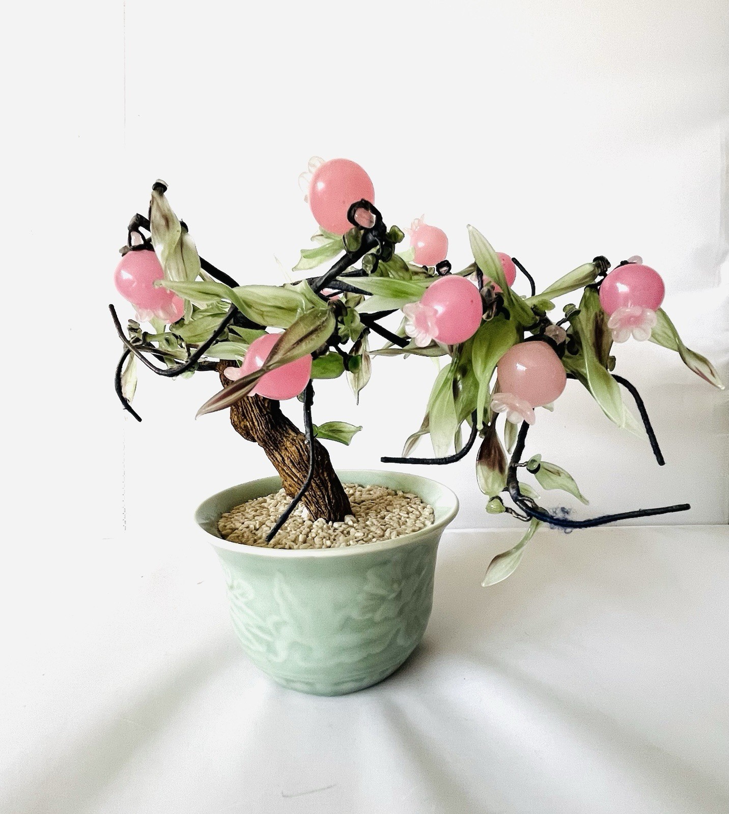Vintage Pink Cherry Blossom Flower Plastic Bonsai Tree Celadon Planter