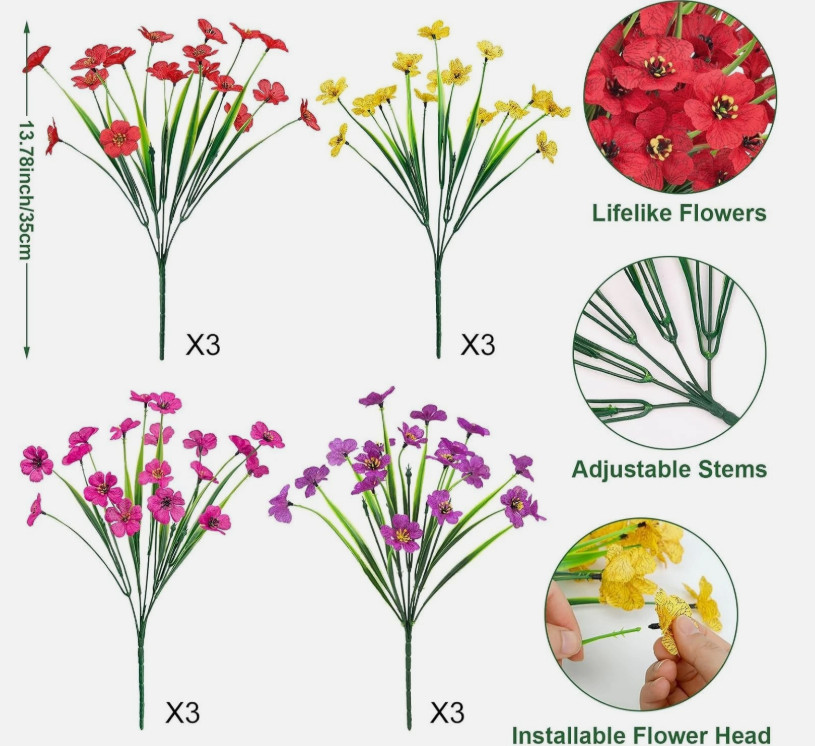 Value-12 Bundles Artificial Flowers for Outdoors 4 Colors Fake Flowers UV Resist