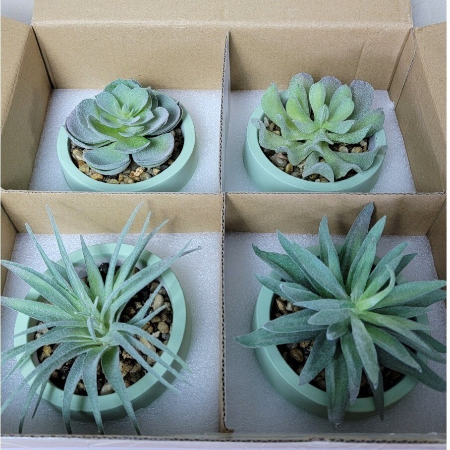 DerRose 4 Pack Artificial Succulents in Sage Green Ceramic Pots Faux Mini Plants