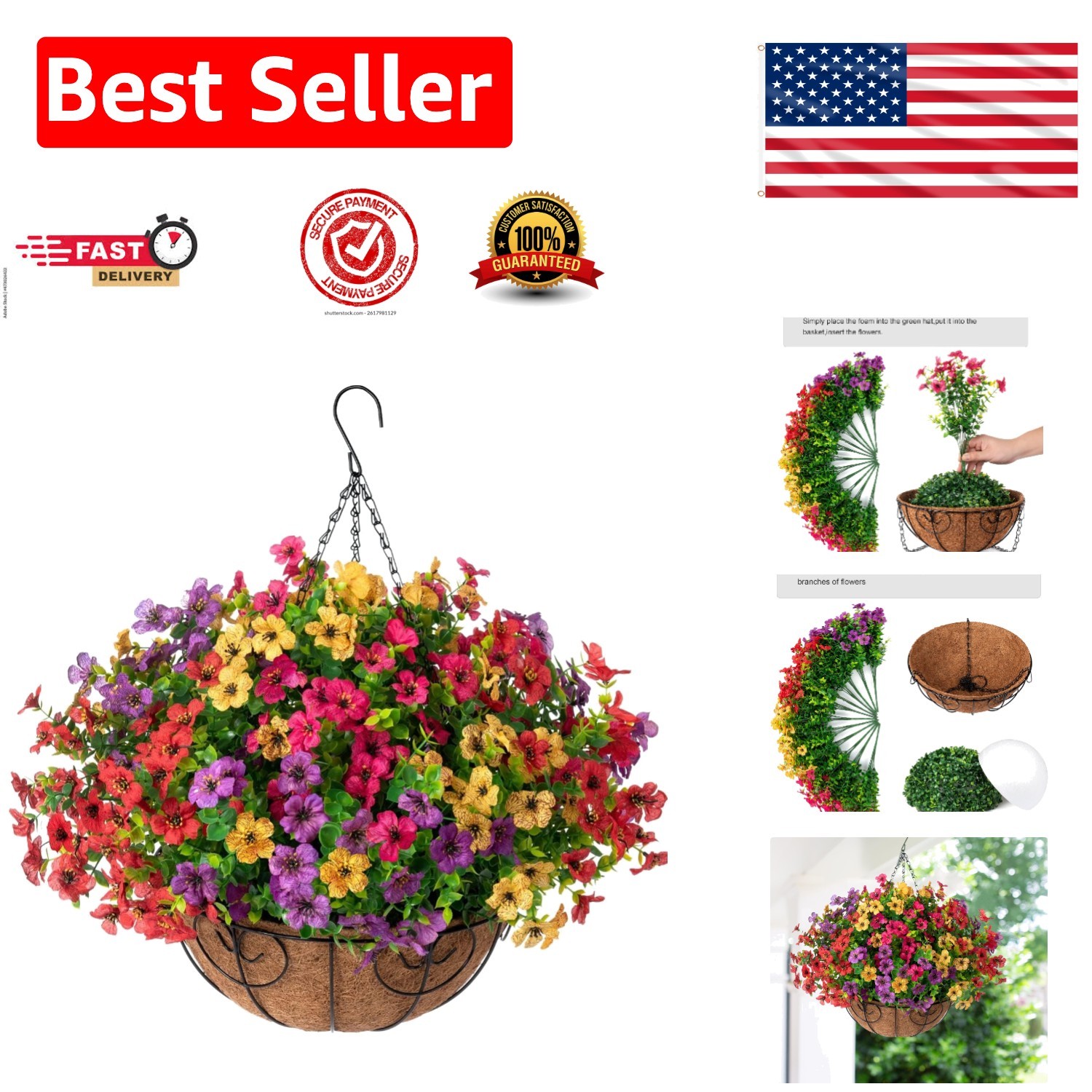 UV-Resistant Faux Hanging Basket with Colorful Daisy & Eucalyptus Flowers