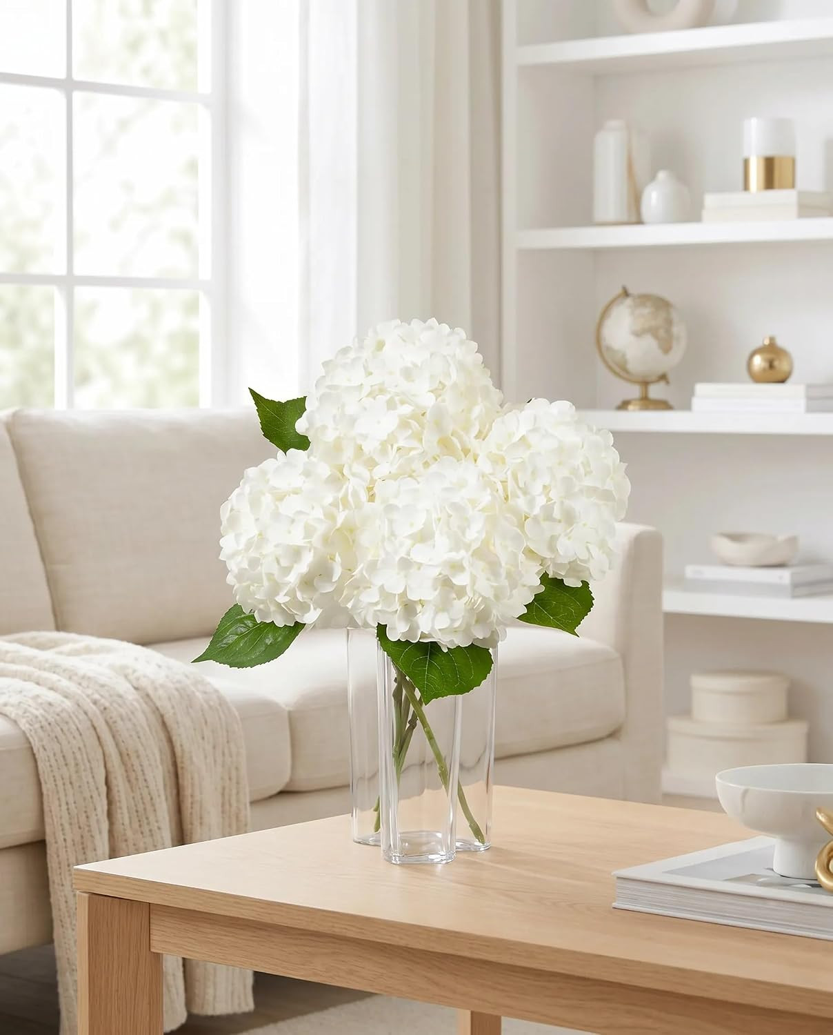 Large White Faux Hydrangea Flowers – 4 Pcs Real Touch for Home & Events