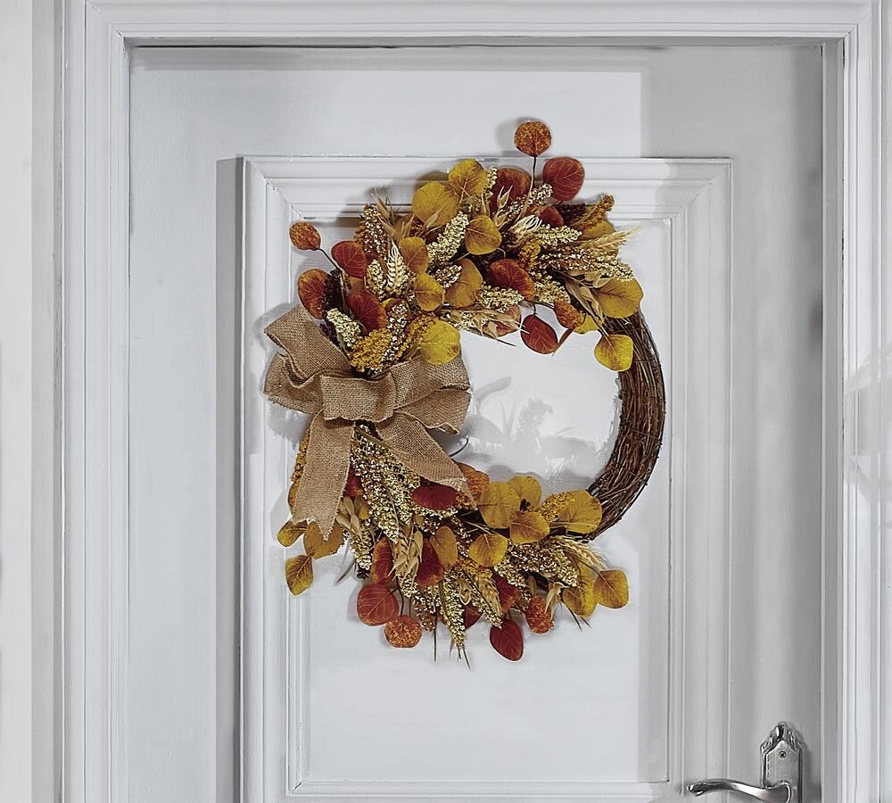 24″ Wheat & Autumn Leaves Twine Bow Fall Unlit Wreath Front Door Holiday Decor