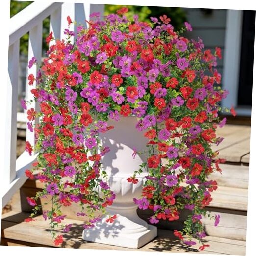 Fake Artificial Hanging Flowers for Outdoors Decoration, 2 PCS Faux Red Purple