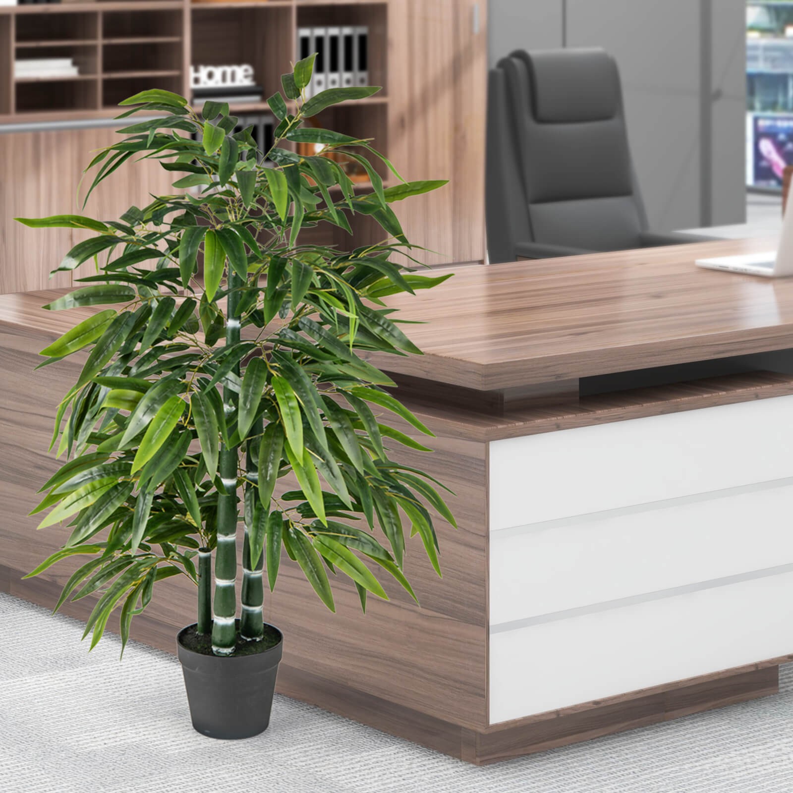 50″ Tall Artificial Potted Tree w/3 PE Bamboo Trunk Flush Leaves Realistic Soil