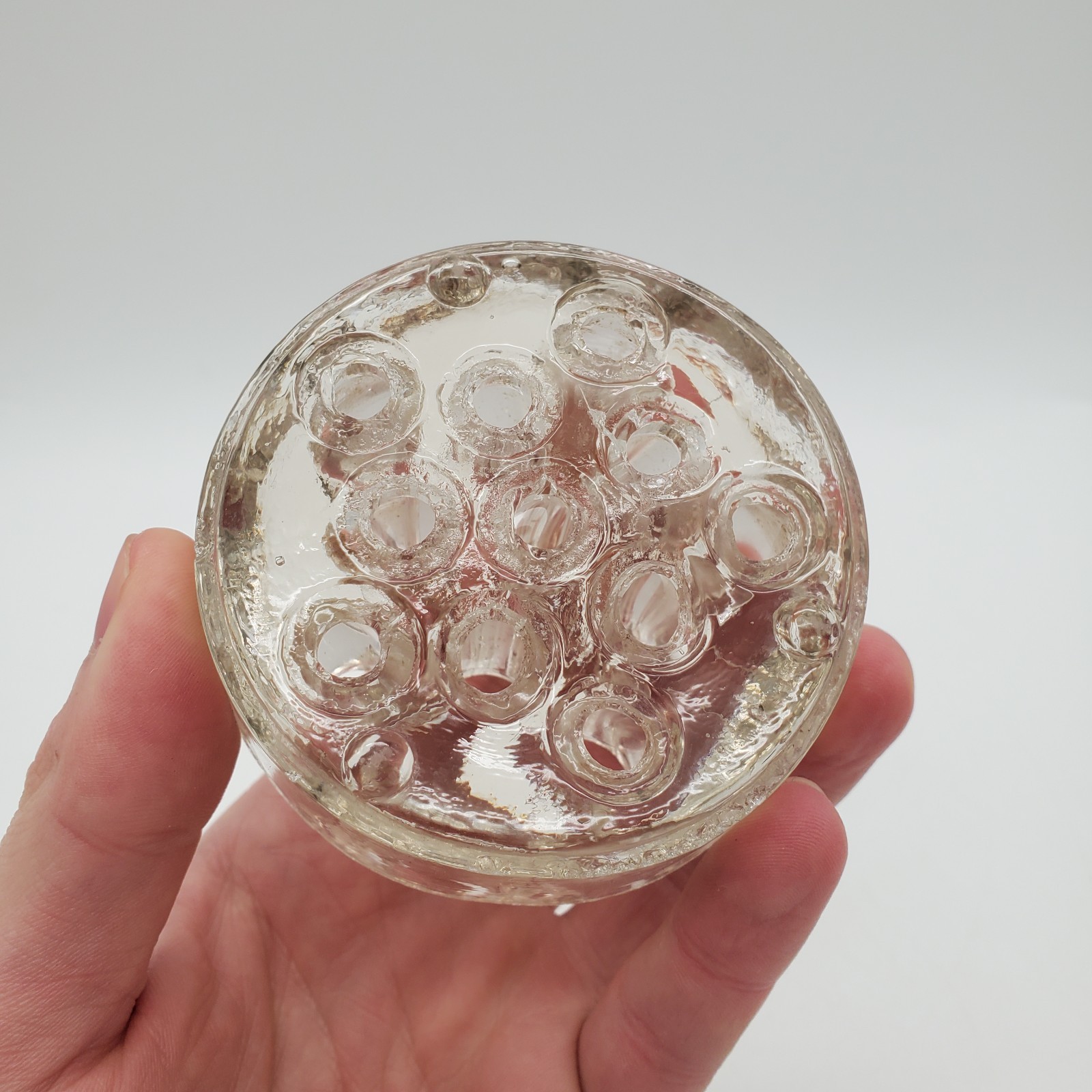 Vintagey Glass Flower Frog 11 Hole domed Floral Arrangement Stem Holder 3 In