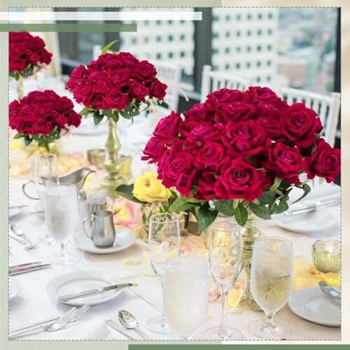 12 Bunches Artificial Roses 7 Heads Silk Flower Roses with Stems Fake Rose Red