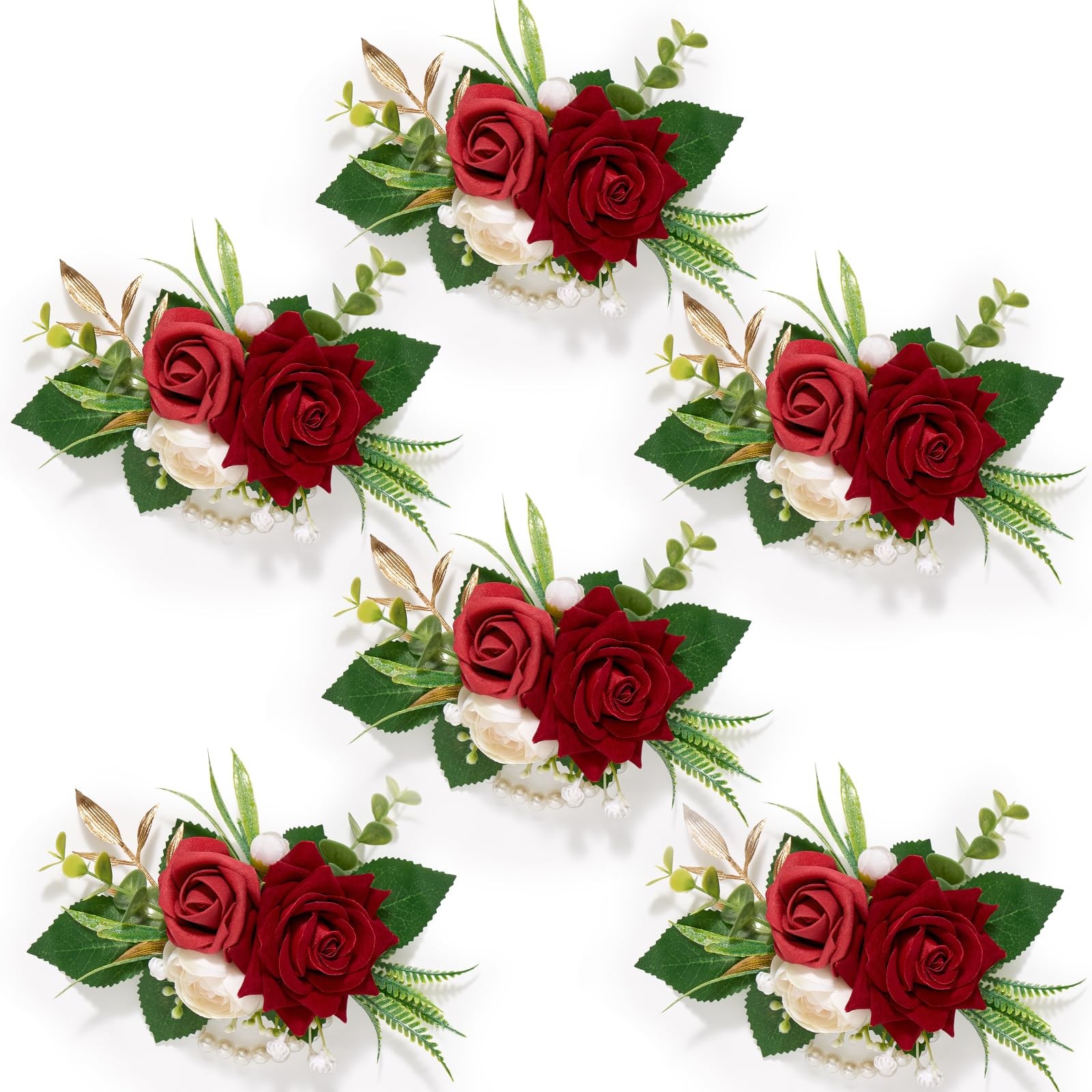 6 PCS Burgundy Wrist Corsage Wedding Roses Prom Homecoming Party Bride Decor