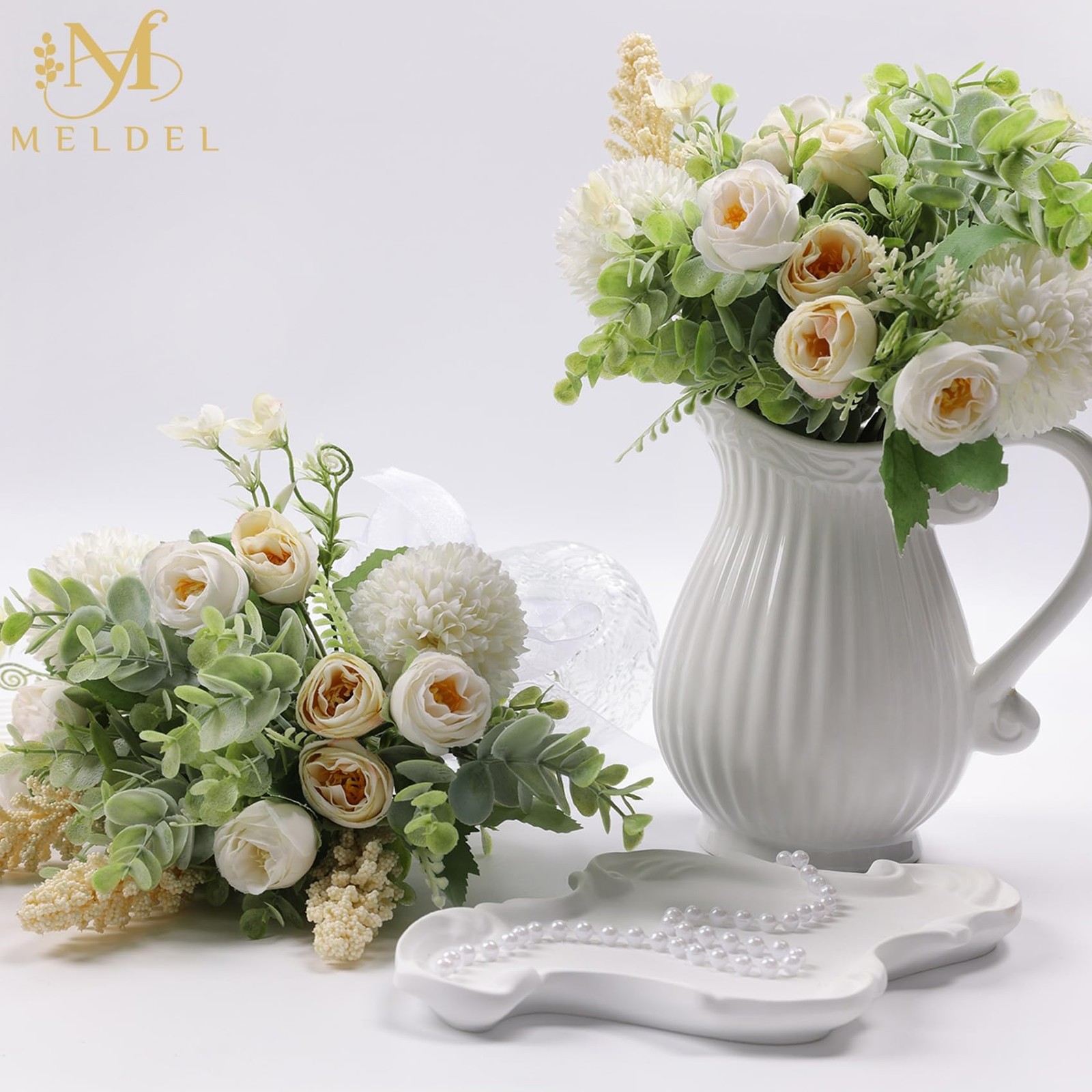 3Pcs Rose Bouquet White&Champagne Artificial Flowers Eucalyptus Plants Silk F…