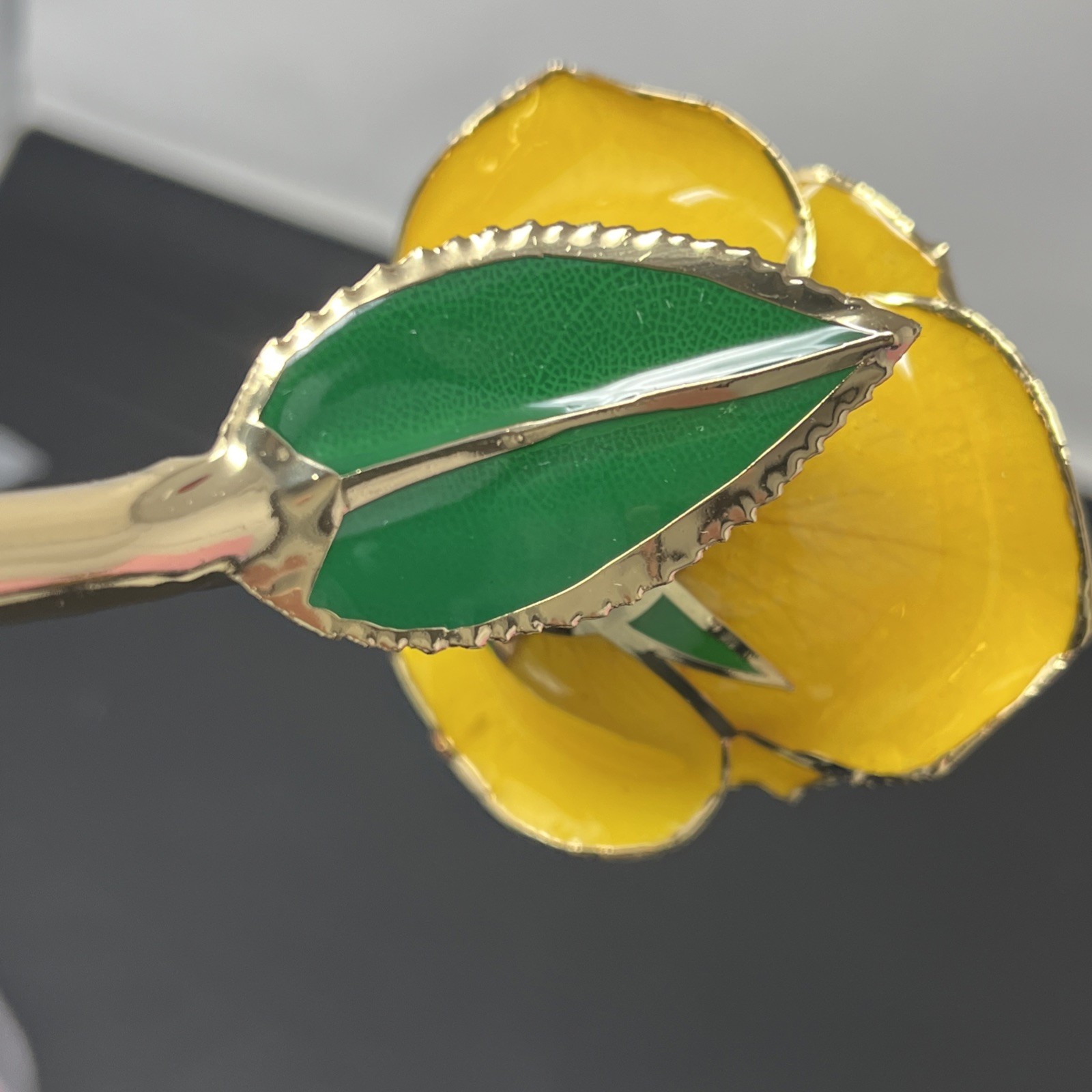 Handcrafted Preserved Yellow Rose Gloss Laquered With 24K Gold Plated Trimmed