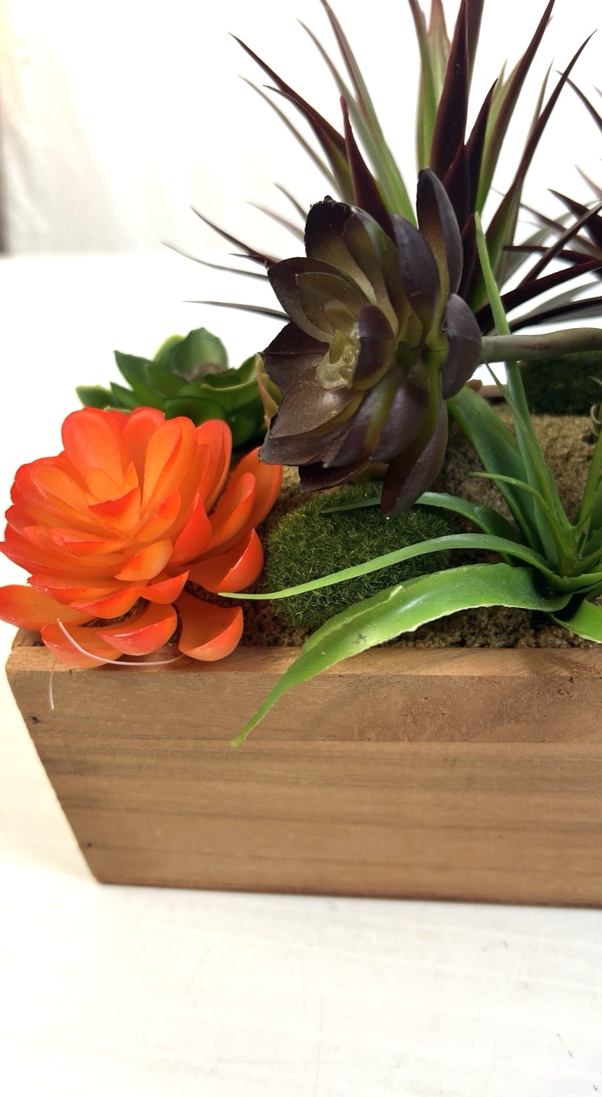 Decorative Faux Succulent Arrangement Home Decor Wooden Planter Box Rustic