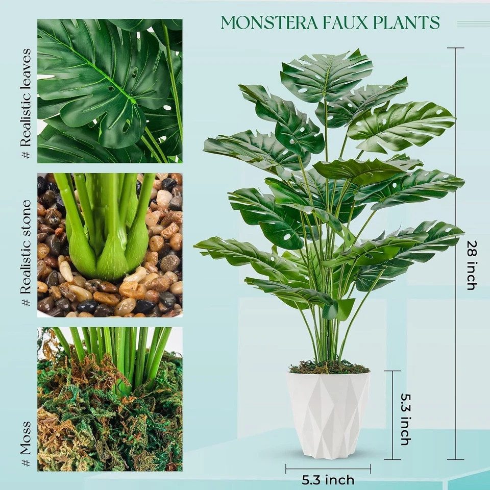28″ Fake Plants Large Artificial Monstera Faux Plants Indoor with White Pot for