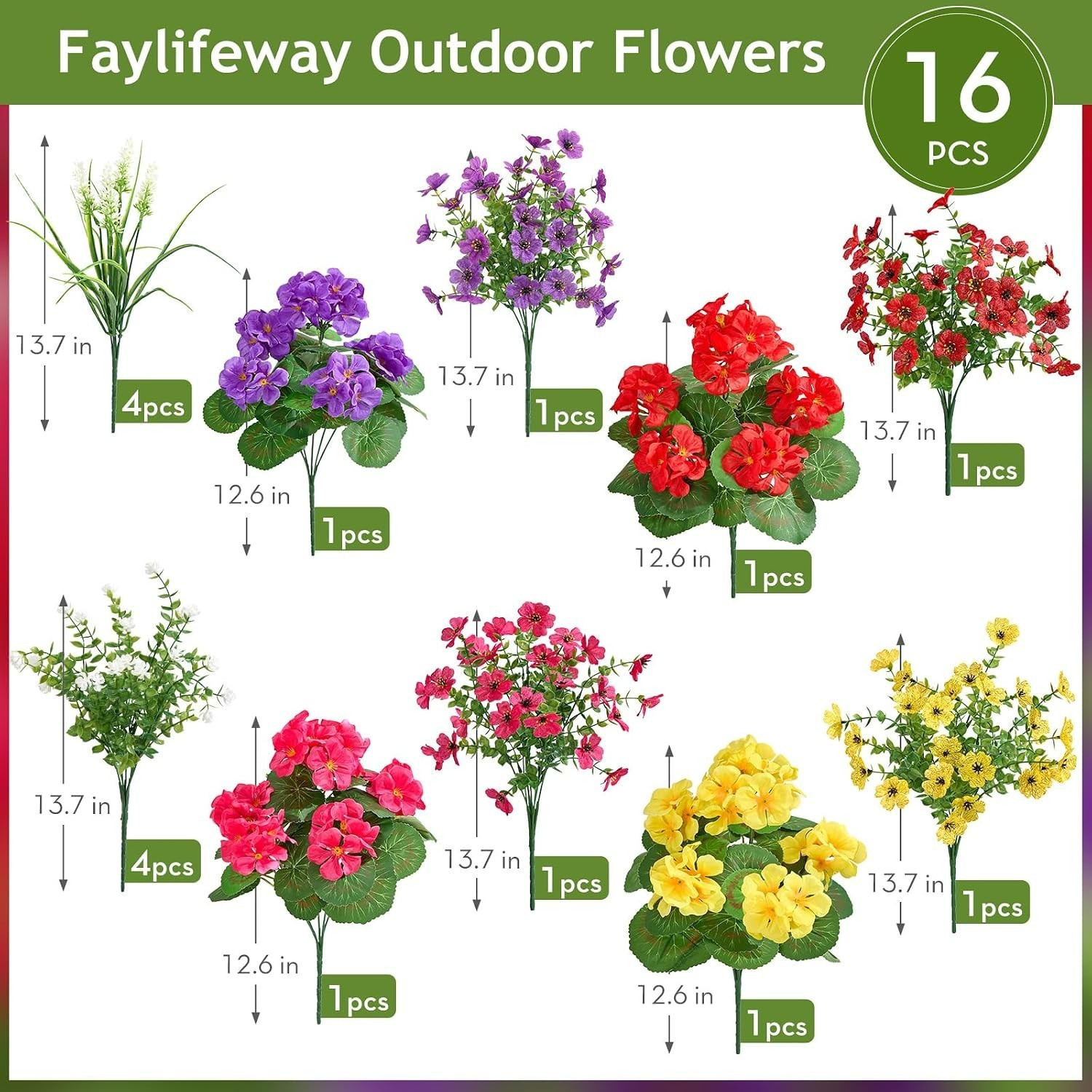 Stunning 16 Bundle Silk Flowers: Adjustable and Weatherproof for Outdoors
