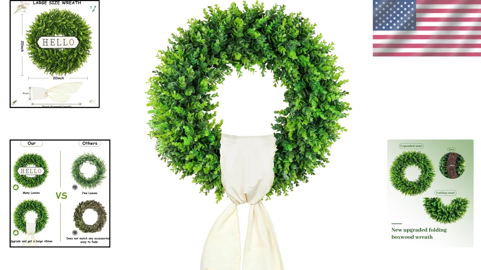 20” Boxwood Wreath for Front Door Farmhouse Decor