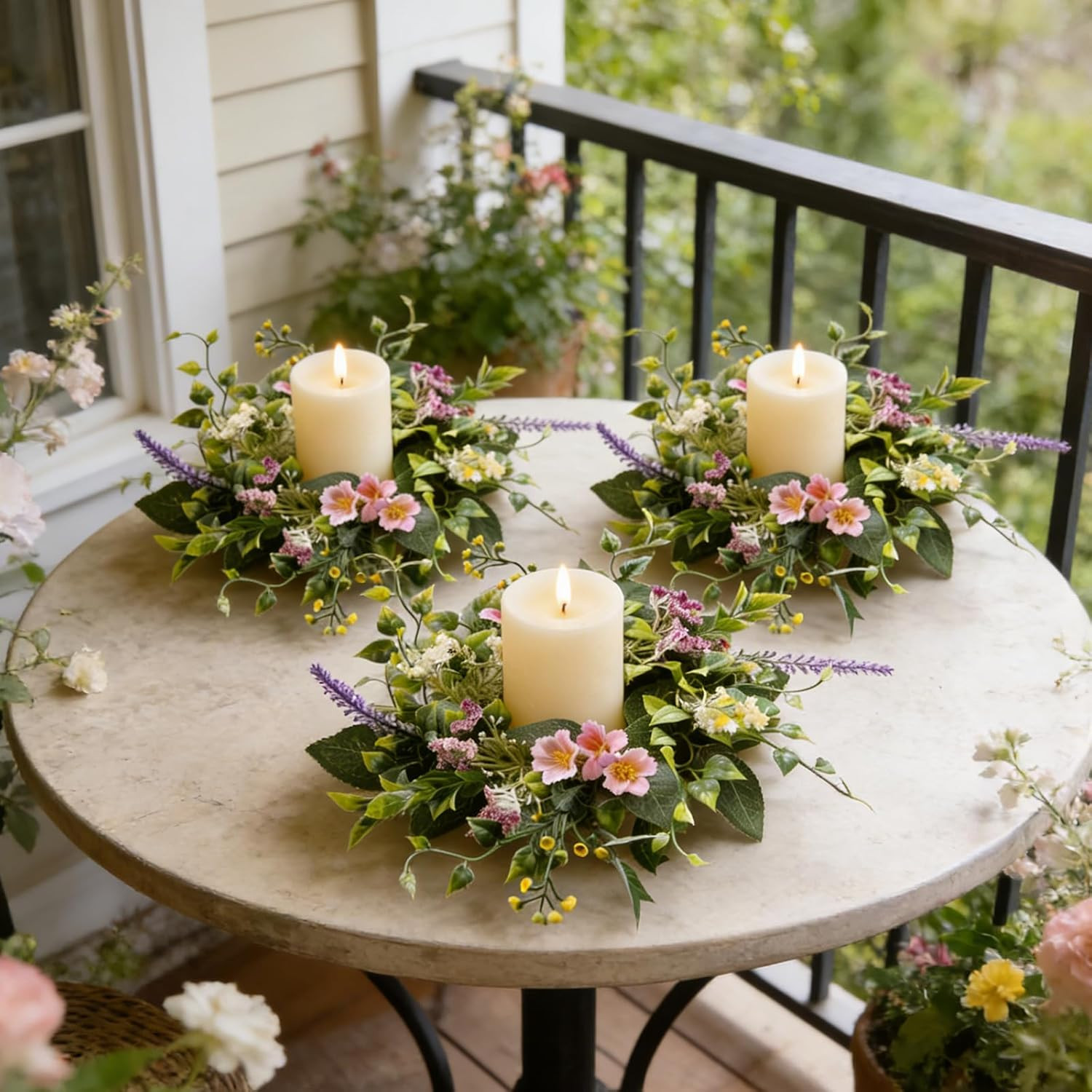 4 Pcs Small Spring Summer Candle Ring Wreaths with Artificial Pink Flower Purple