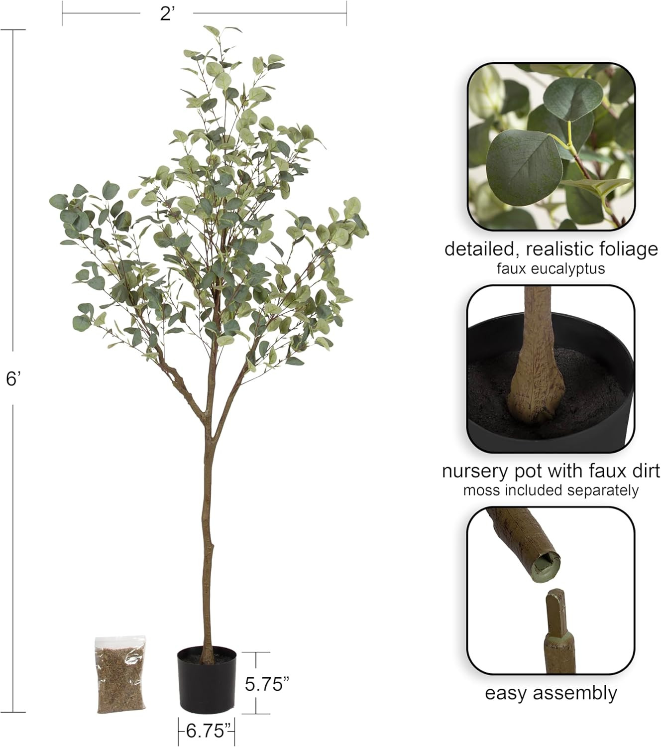 Eudora 6FT Faux Eucalyptus Tree – Realistic Potted Indoor Plant Decor