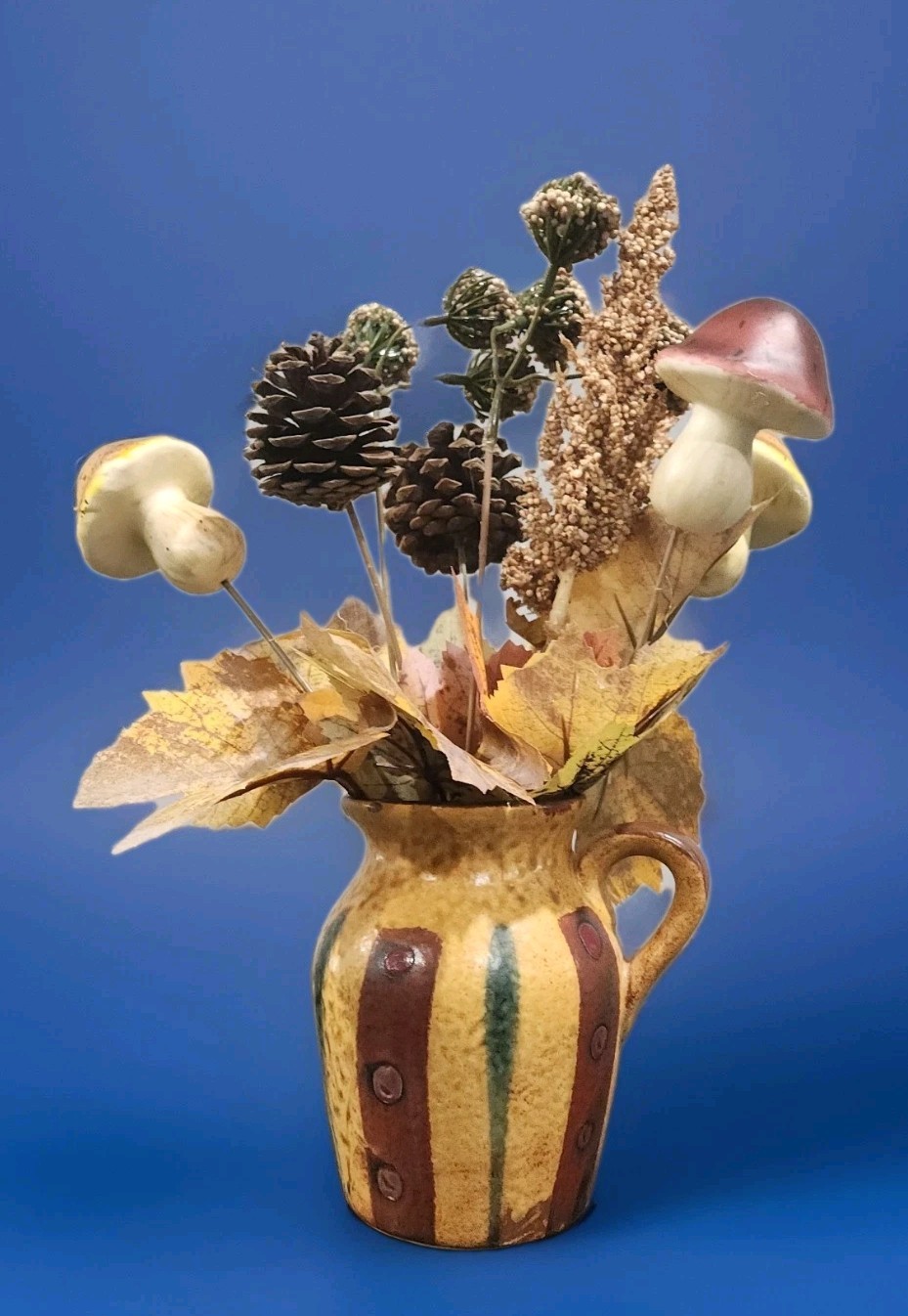 Vtg Vase Creamer Pottery Faux Retro Floral Arrangement Cones Mushroom Fall 12″