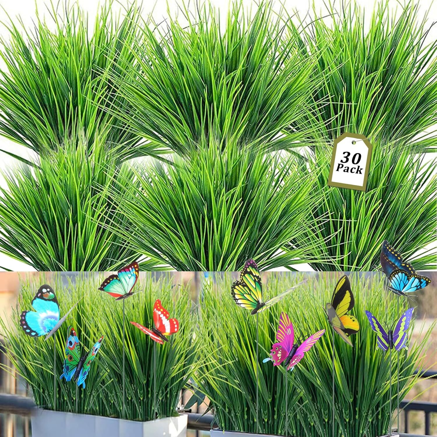 30x UV-Resistant Faux Wheat Grasses & 10x Butterflies, Green