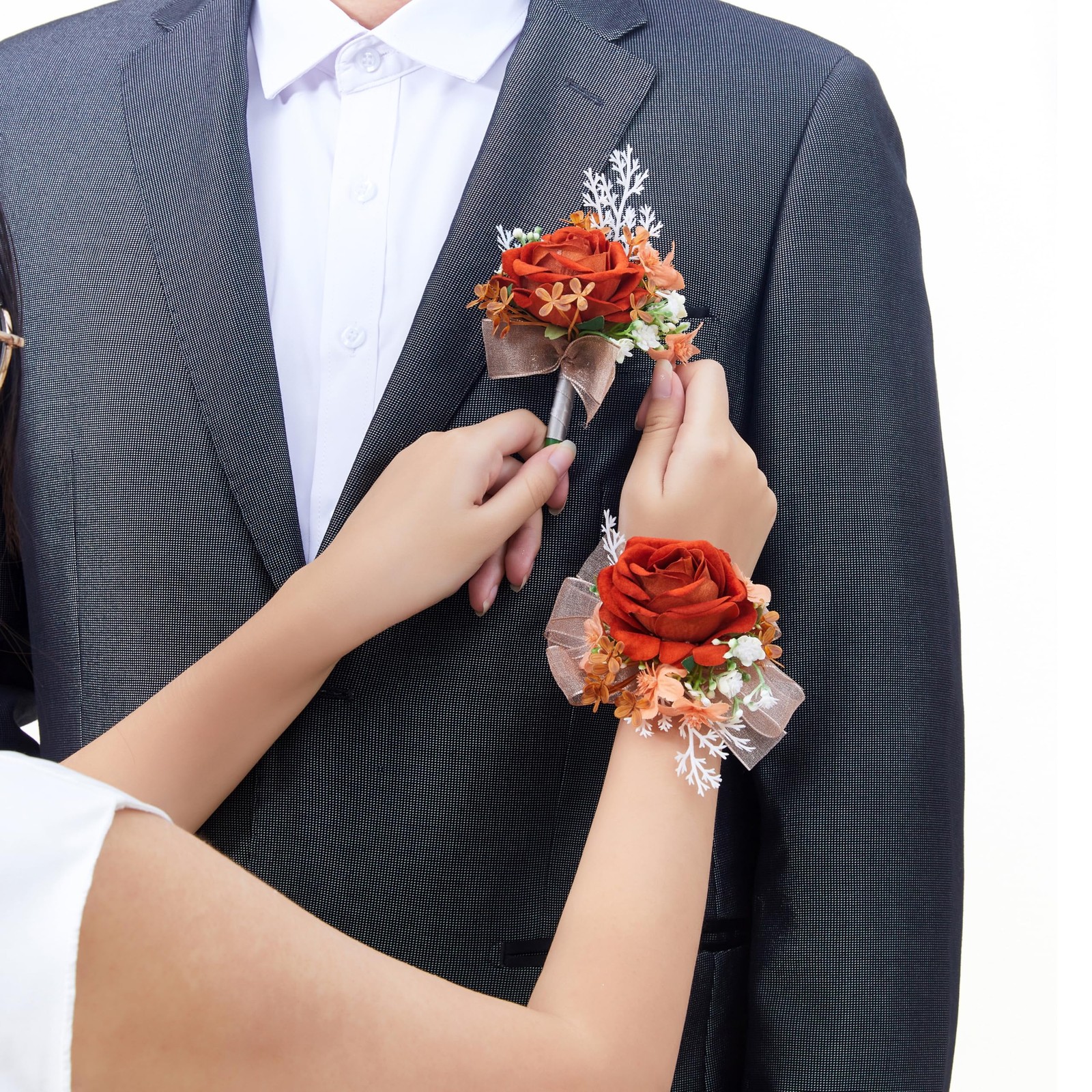2 pcs Wrist Corsage and Boutonniere Set, Orange Rose Wrist Corsage Wristlet B…