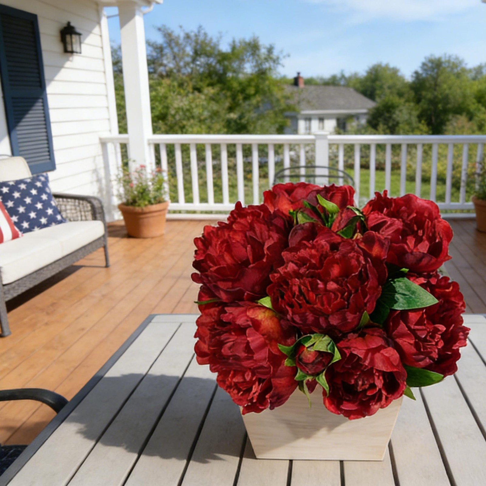 12 PCS Pink Peonies Artificial Flowers Wood Pot Silk Home Decor Centerpiece