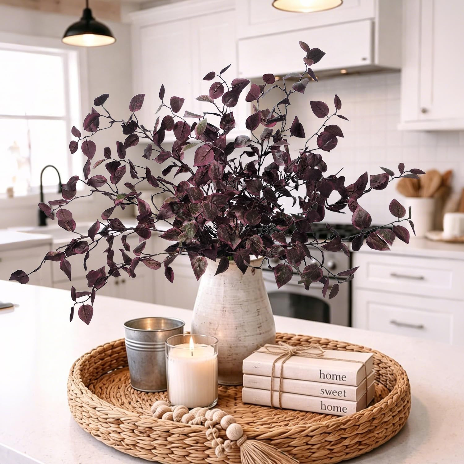6PCS Burgundy Eucalyptus Stems – Lifelike Faux Fall Flowers for Home Decor