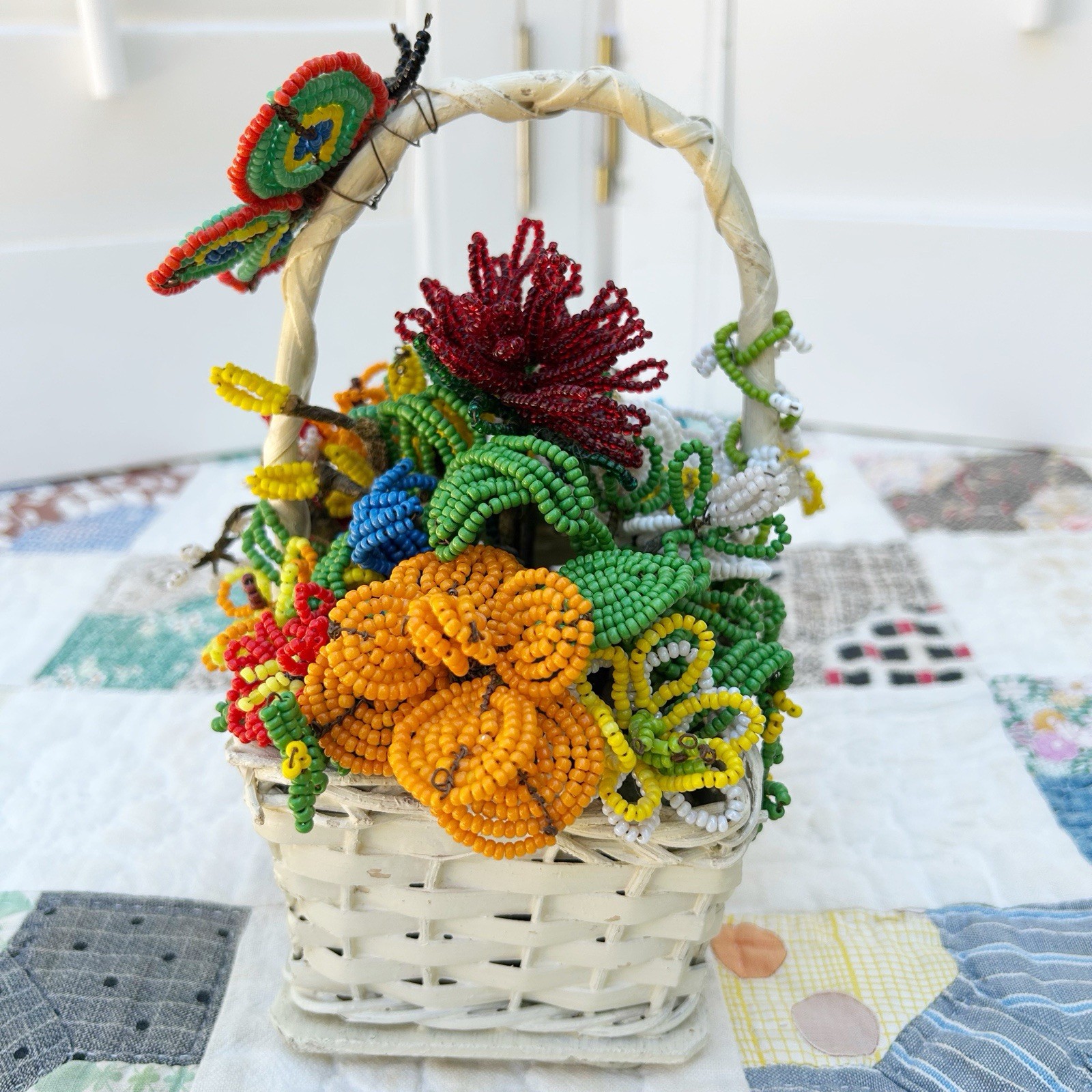 Vintage French Glass Beaded Wire Flower Bouquet Basket Colorful Arrangement