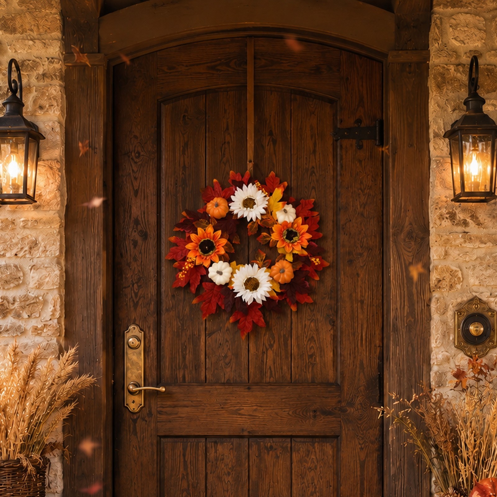 Artificial Autumn Wreath 17.72in/45cm for Thanksgiving Halloween Indoor Outdoor
