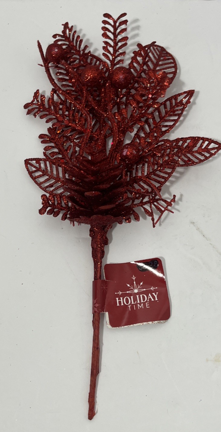 3 Holiday Time Christmas Red Glitter Floral Decor Picks 10×4 Inch NWT
