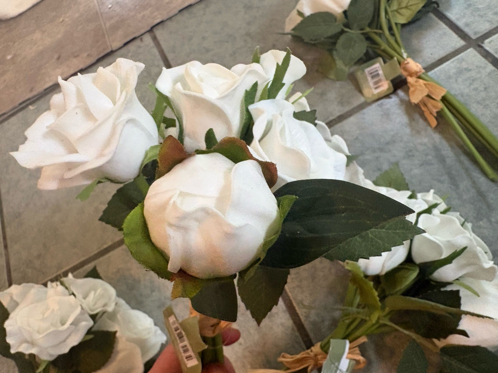 Lot of 4 Bouquets 13”Real Touch White Roses Wired Artificial Flowers Latex 34PC