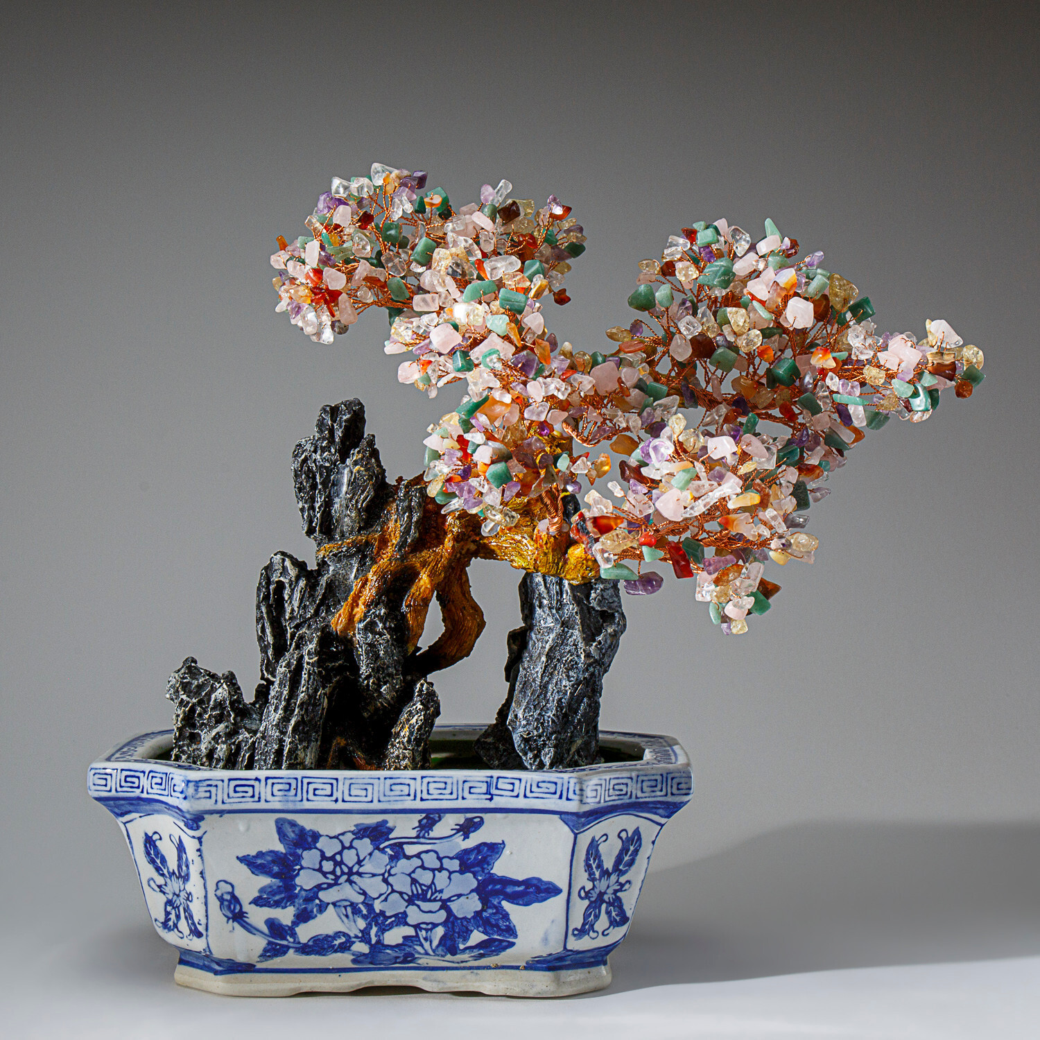 Genuine Multi Gemstone Bonsai Tree in Oval Ceramic Pot (13”)