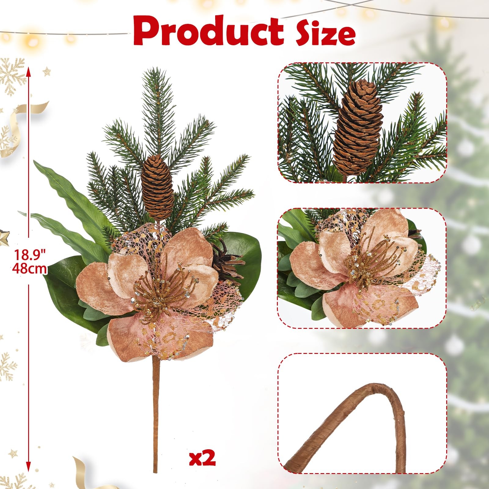 2 Pack 18.9in Christmas Magnolia Flower Picks, Artificial Magnolia Flower Spr…