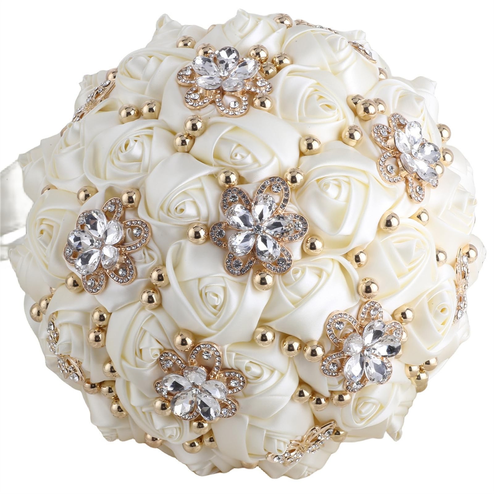 Bridal Wedding Bouquet Throw Toss Artificial Rose Bling Brooch 66#Ivory 6.3 In