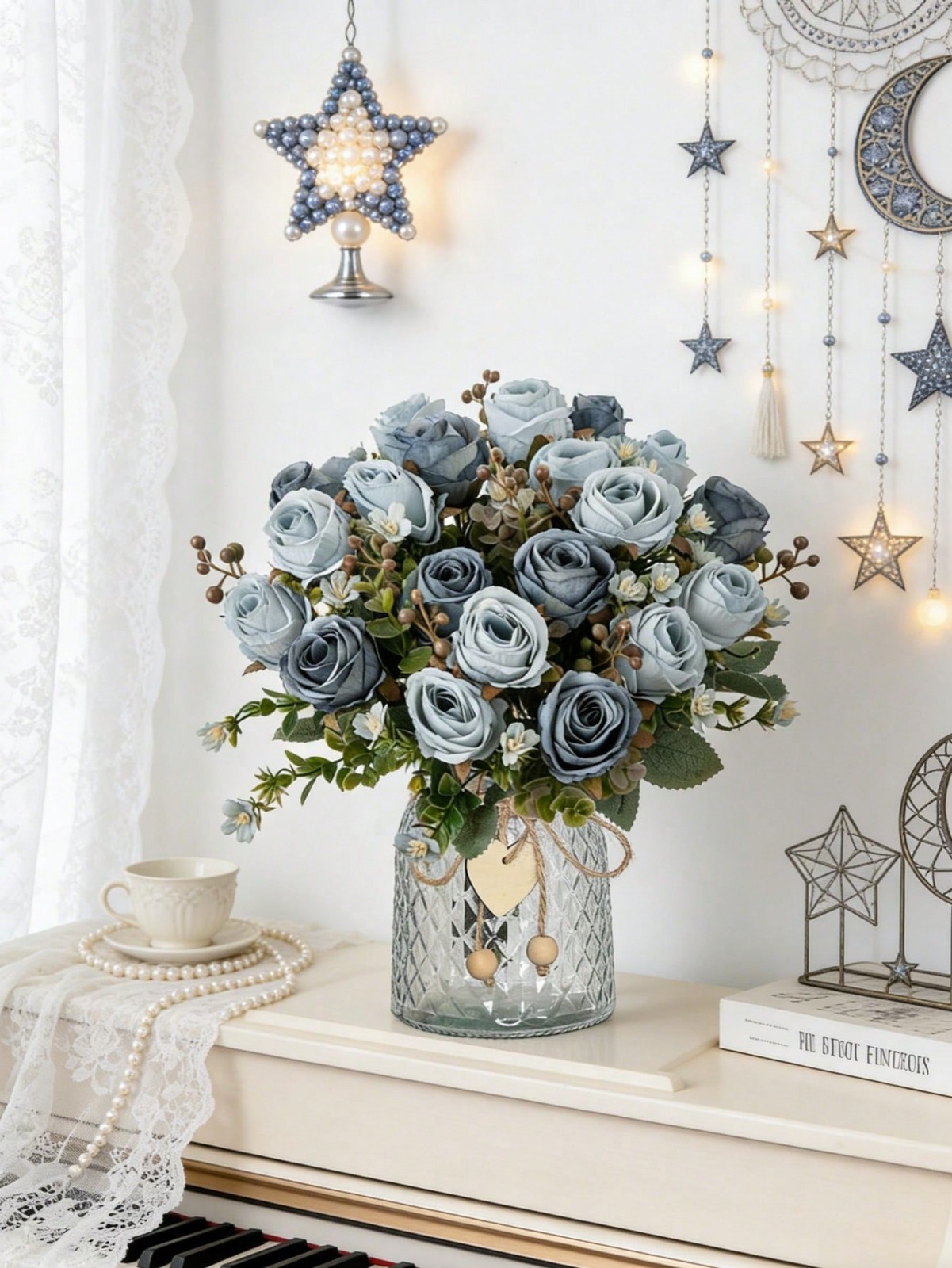 Baby Blue Artificial Silk Rose Bouquet One Size For Home Wedding Decor