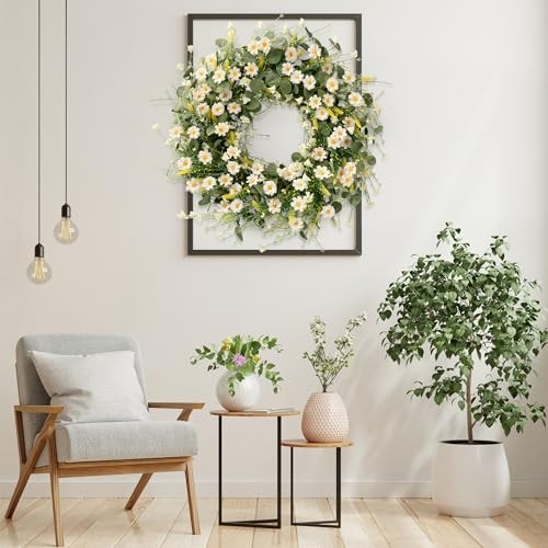 Daisy Wreath 24 Inch with Fake Silk Floral Green Eucalyptus Leaves and White