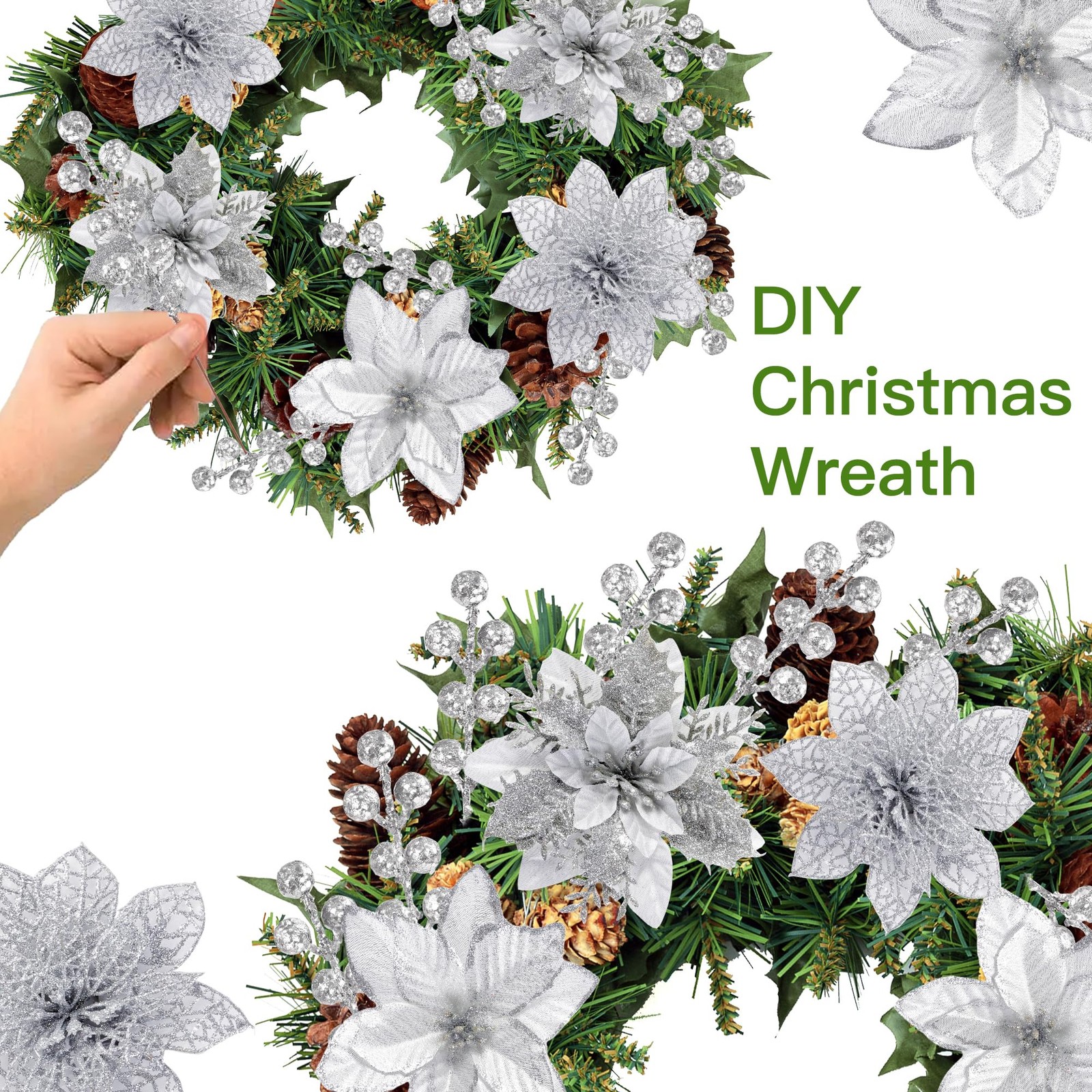 30 Pcs 3 Styles Christmas Glitter Poinsettia Flowers Artificial Berry Picks C…