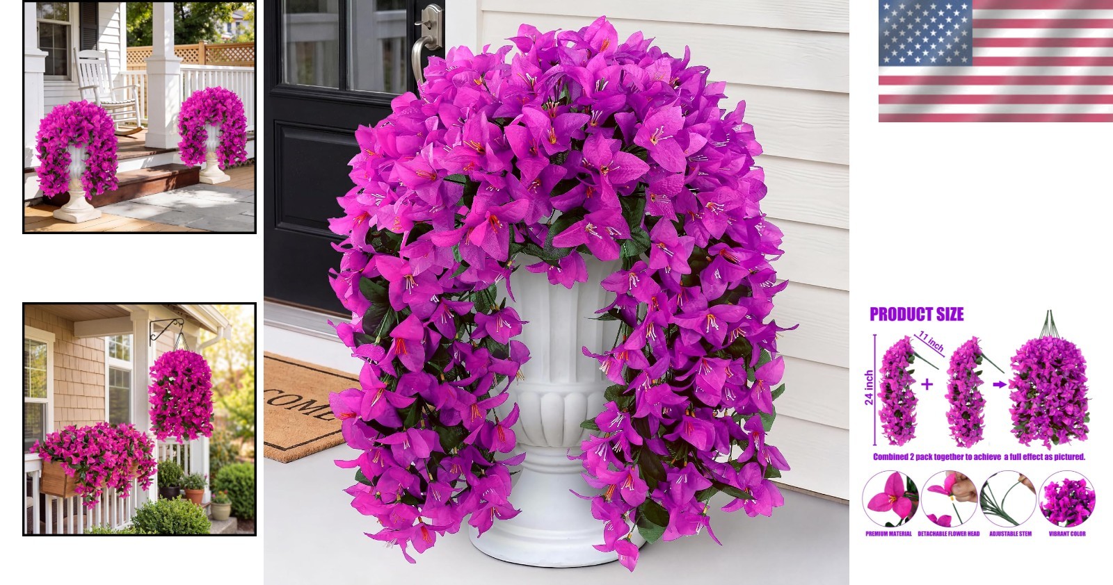Fuchsia Faux Bougainvillea Hanging Plants – Durable Silk Decor for Outdoors