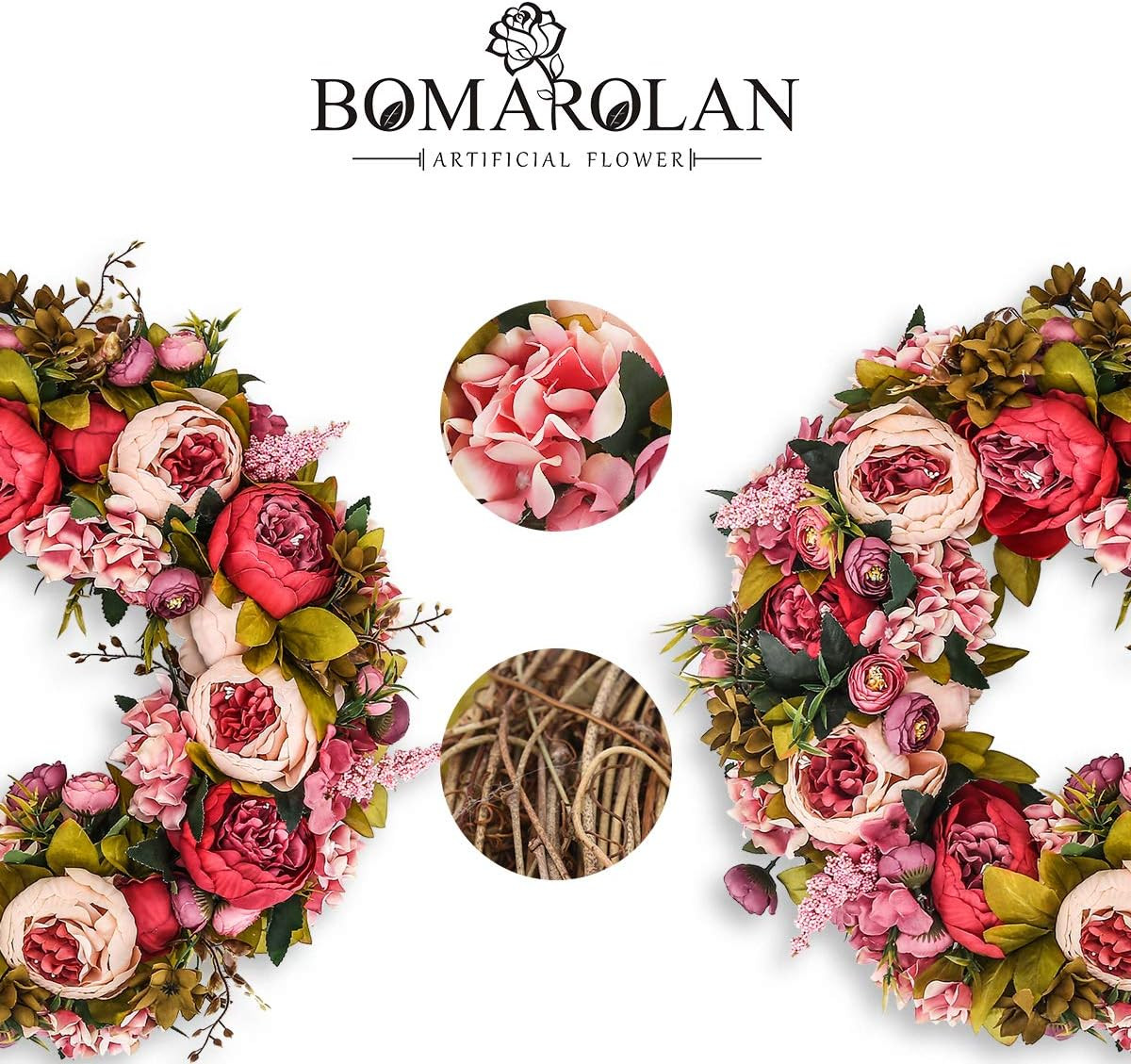 Artificial Peony Flower Wreath 19Inch Vintage Blooming Silk Peonies Spring Summe