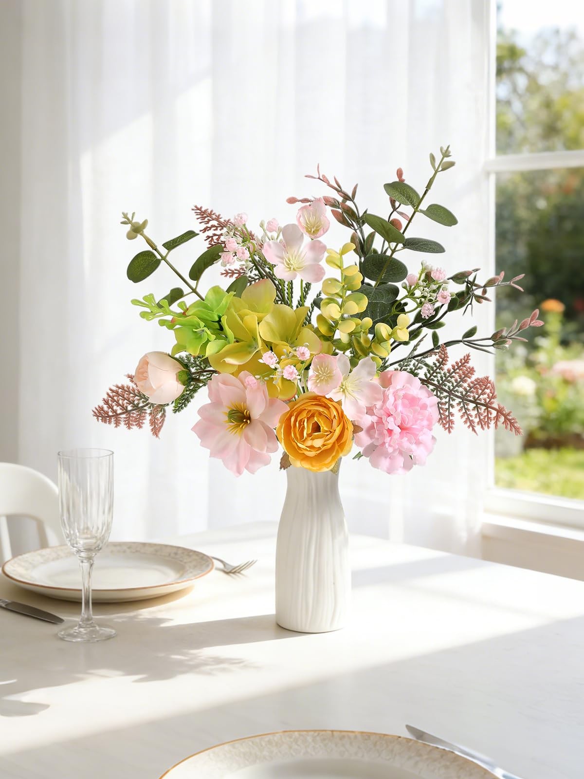 Small 11.8″ Artificial Flowers in Ceramic Vase – Yellow Pink Silk Flower Cent…
