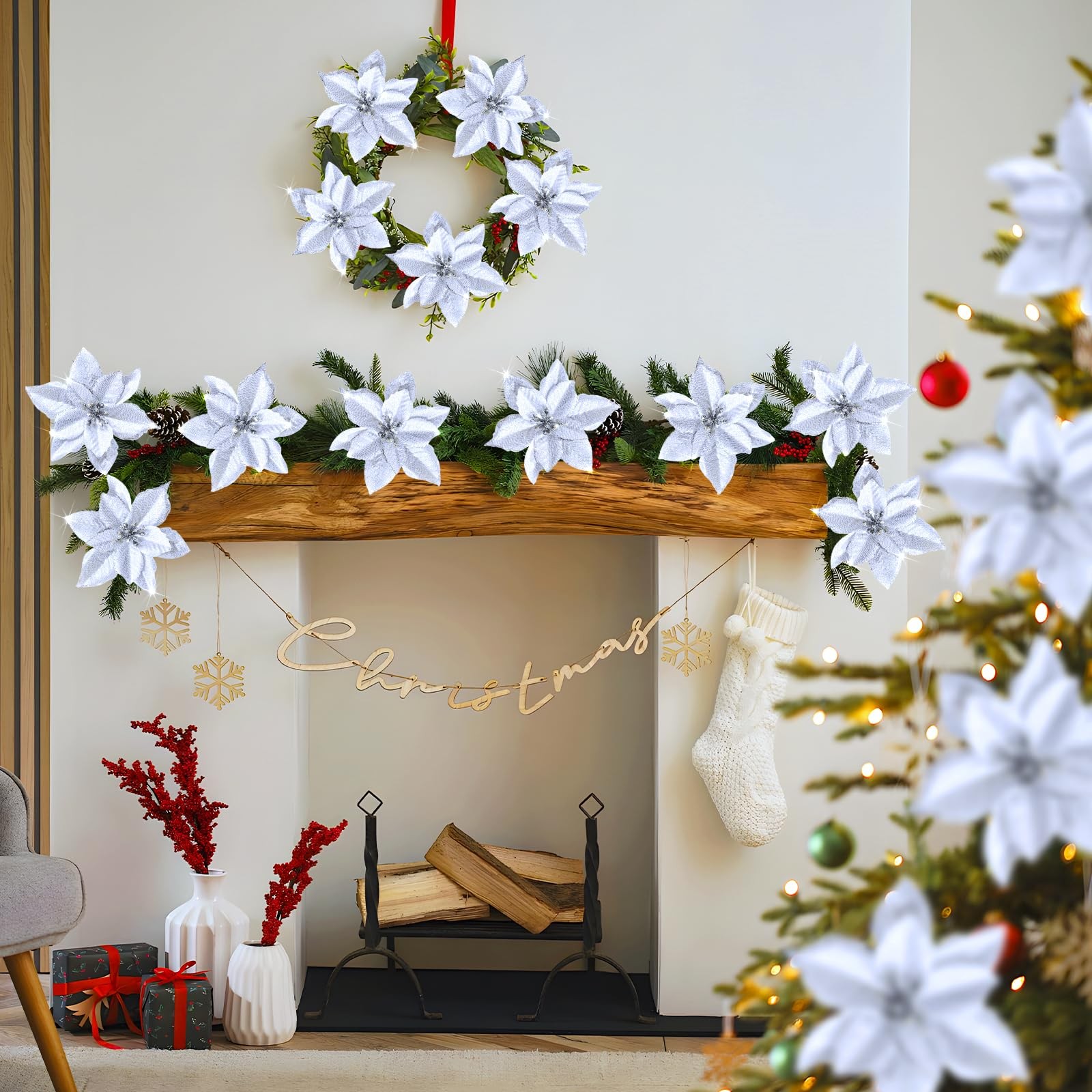 12Pcs Poinsettia Flower Artificial Poinsettia with Stem Christmas Decor Glitt…