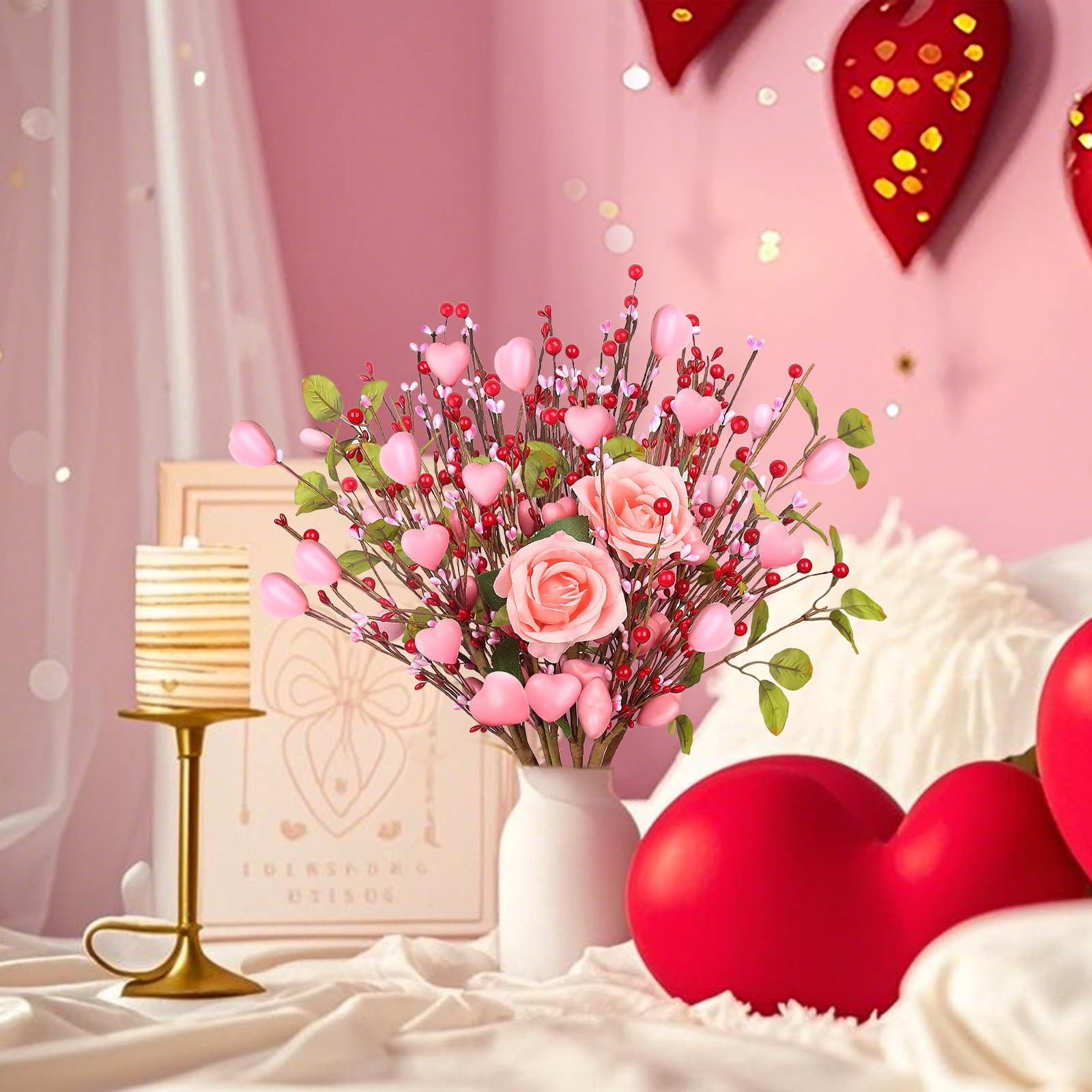 8 PCS Pink Heart Shaped Valentine Floral Picks Red Berries Roses Bouquets