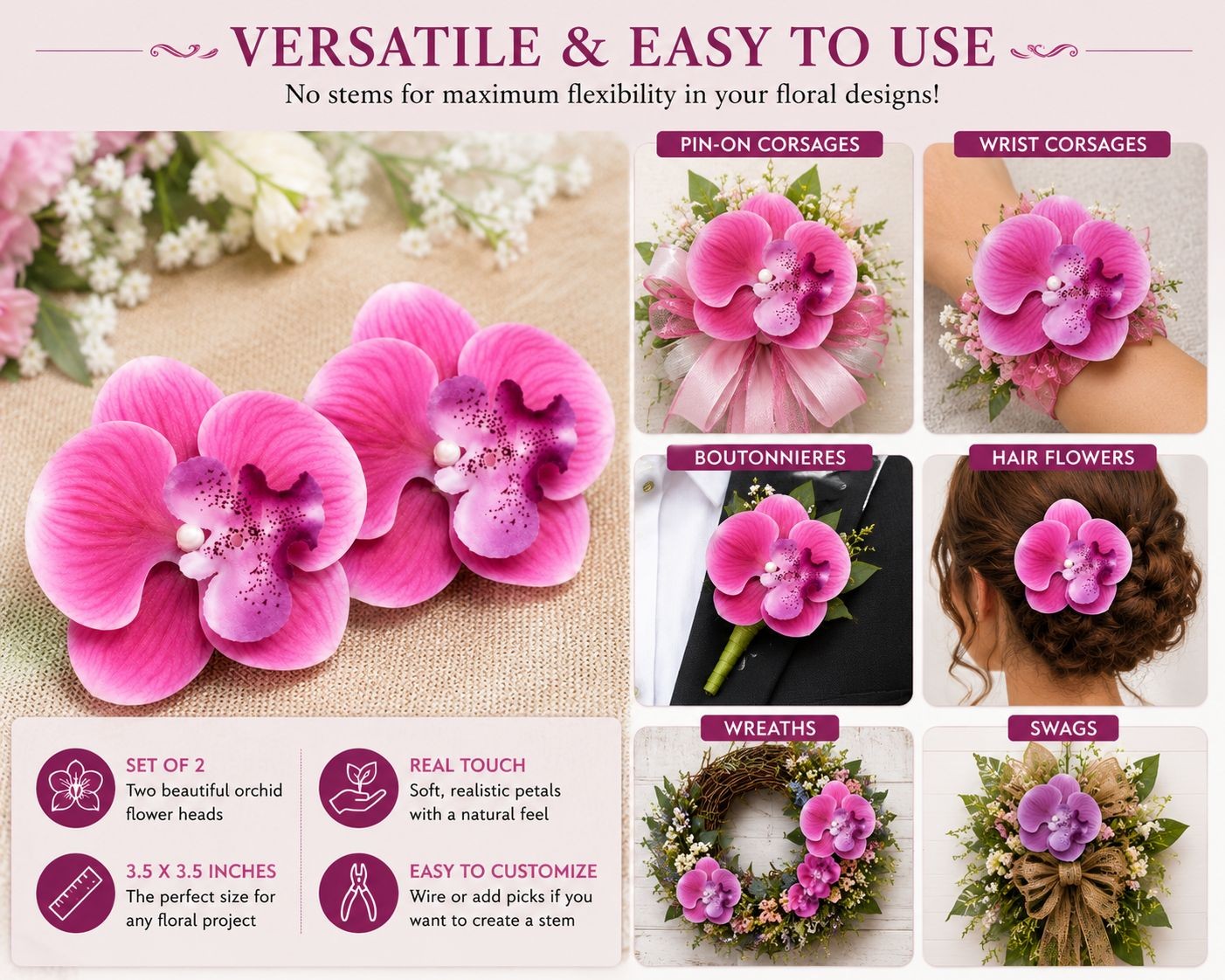 Pink Real Touch Orchid Flower Heads, Set of 2 Faux Orchids, 3.5 Inch No Stem Flo