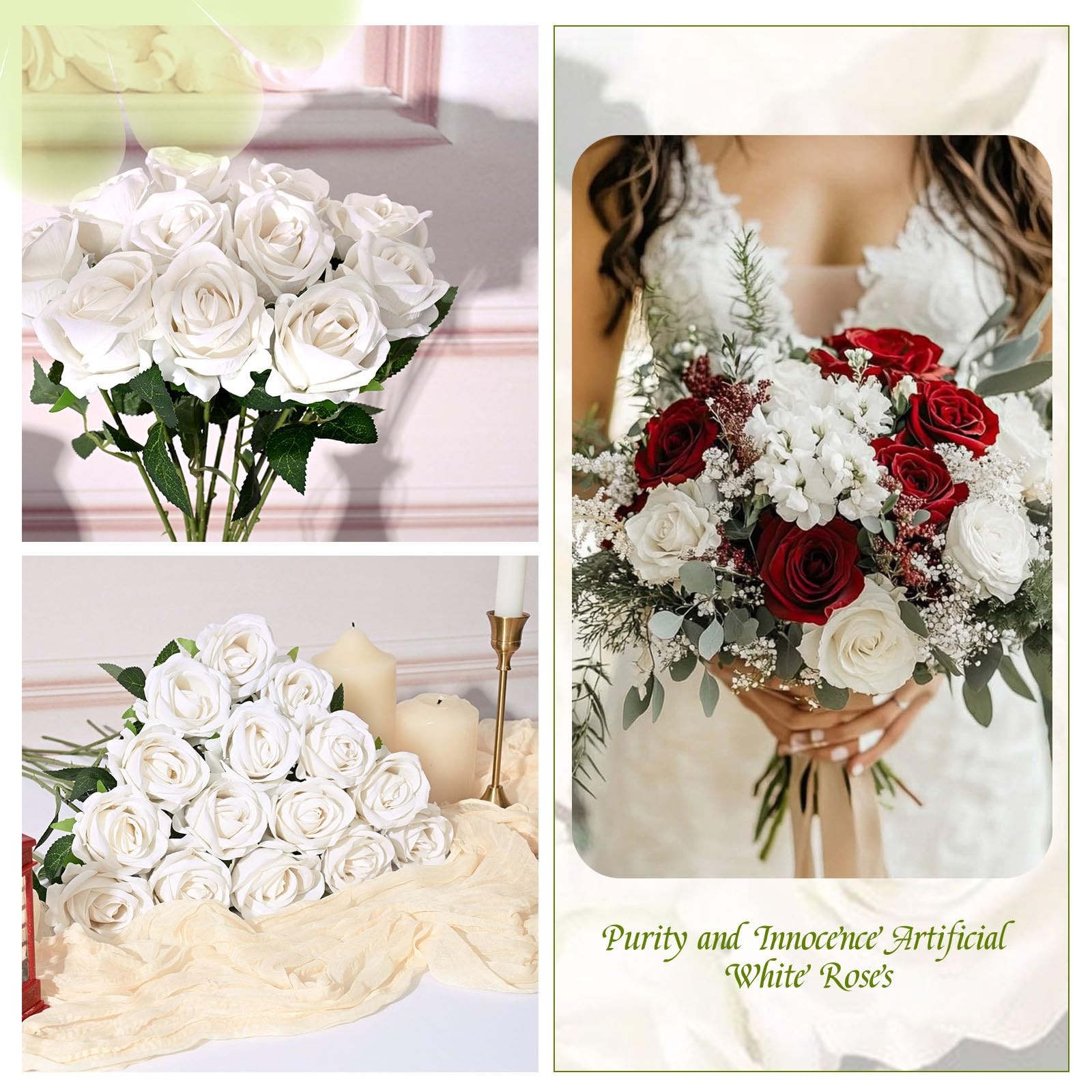 50 Pcs Artificial Roses Bulk, White Velvet Silk Rose Realistic Faux Artificia…