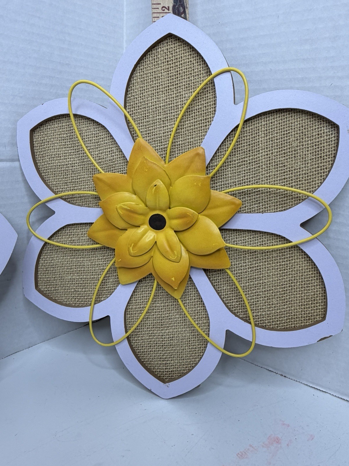 3 Wood Burlap & Metal 3D Flowers Decor Hanging 12” Wall Home Decor Wall Hanger