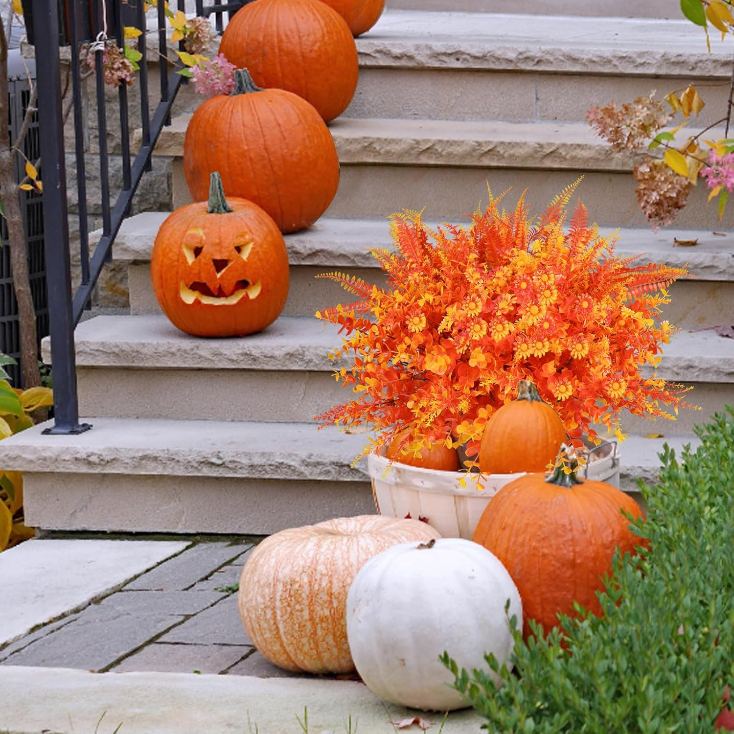 16 Bundles of Orange Artificial Fall Flowers for Outdoor Autumn Decor