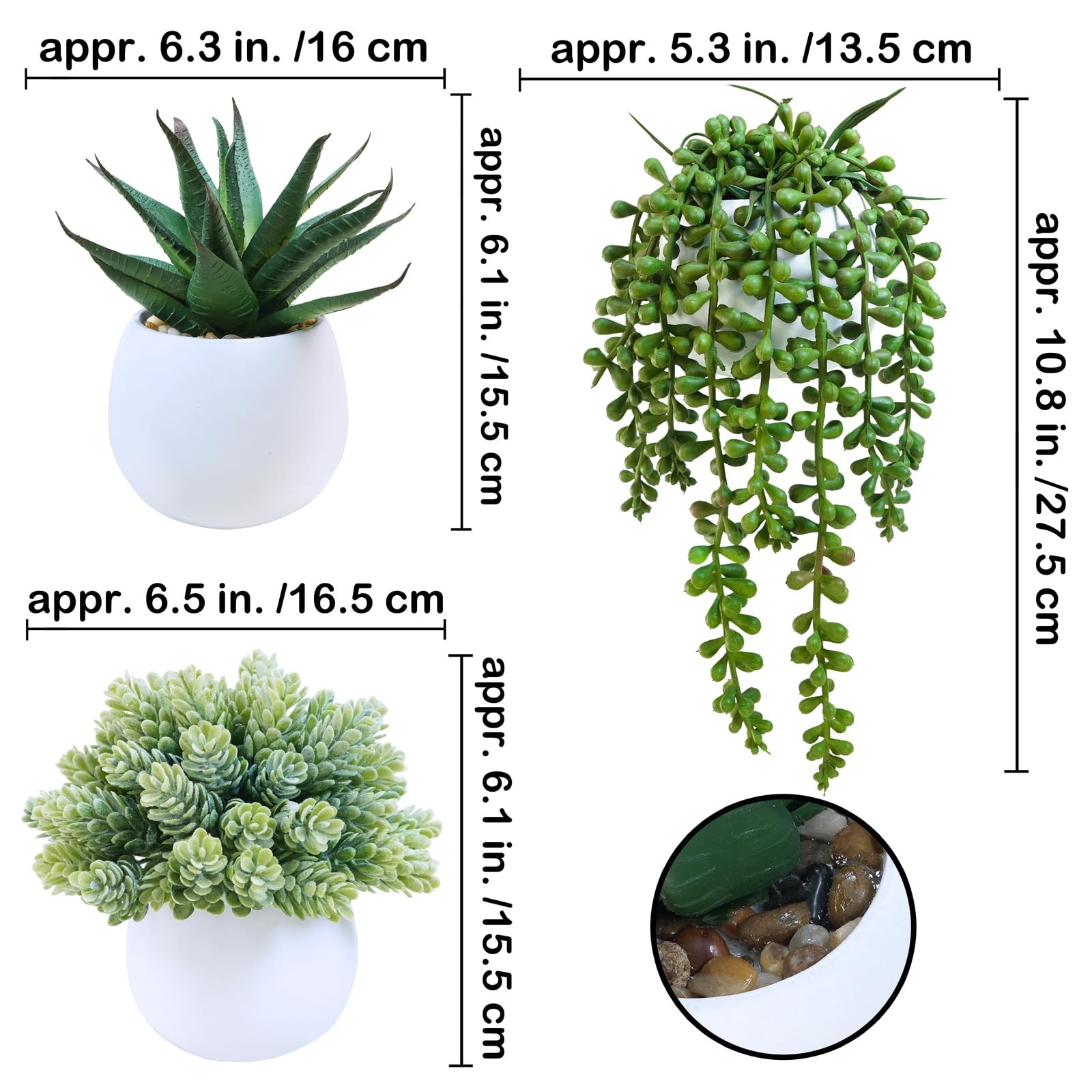 Artificial Succulent Plants in White Concrete Pots Faux Potted Set Of 3