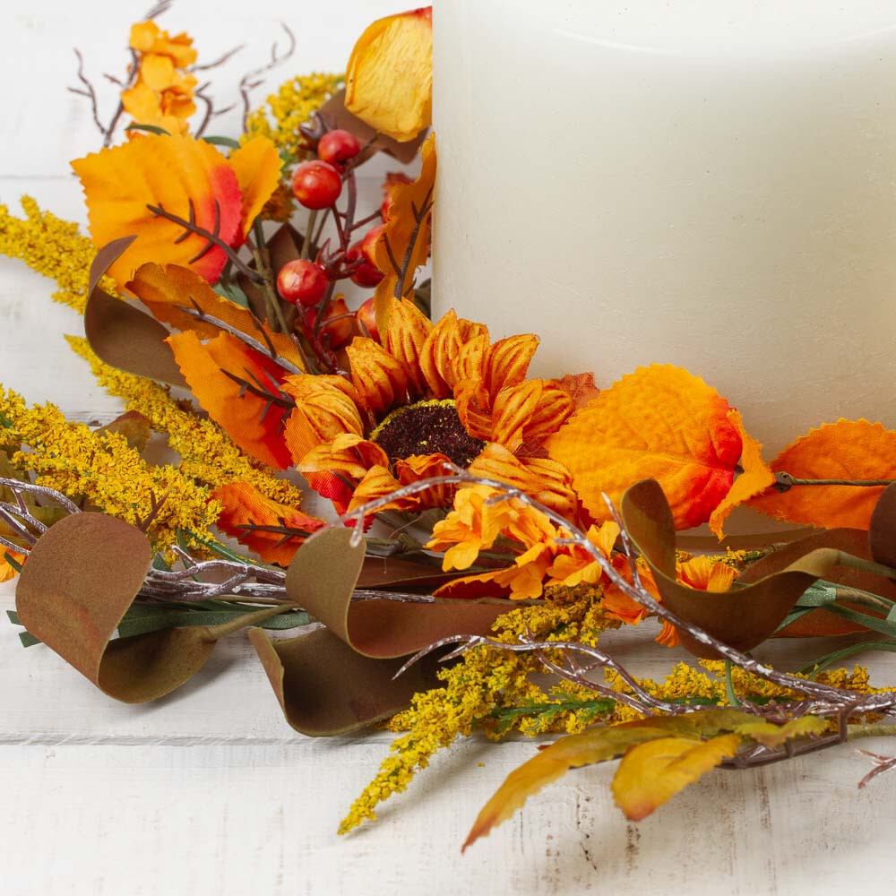 Set of 2 Artificial Sunflower & Chinese Lantern 17″ Candle Rings / Small Wreaths