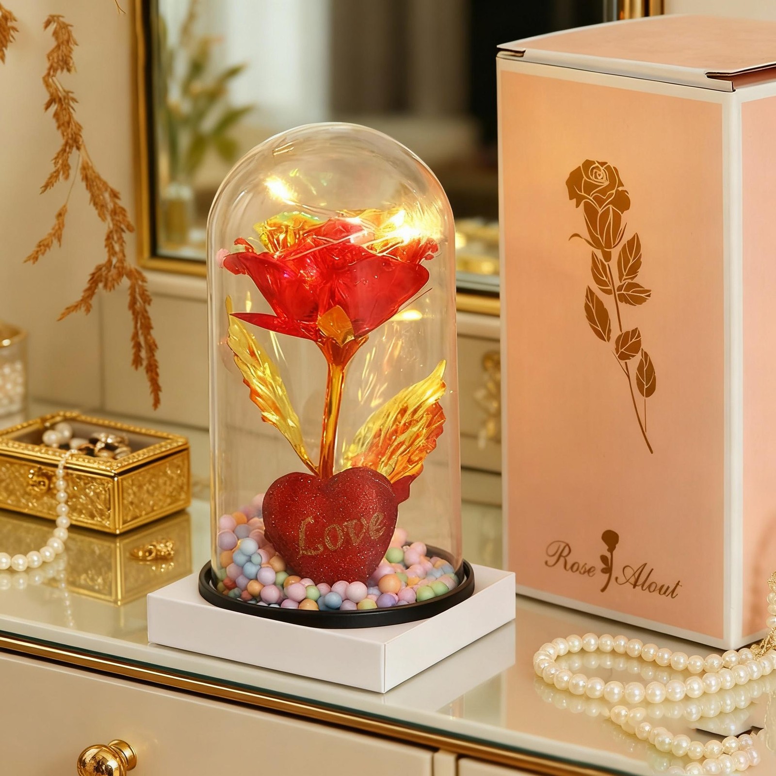 Golden Foil Flower with Lamp Eternal Rose Night Light Simulation Rose Desktop De